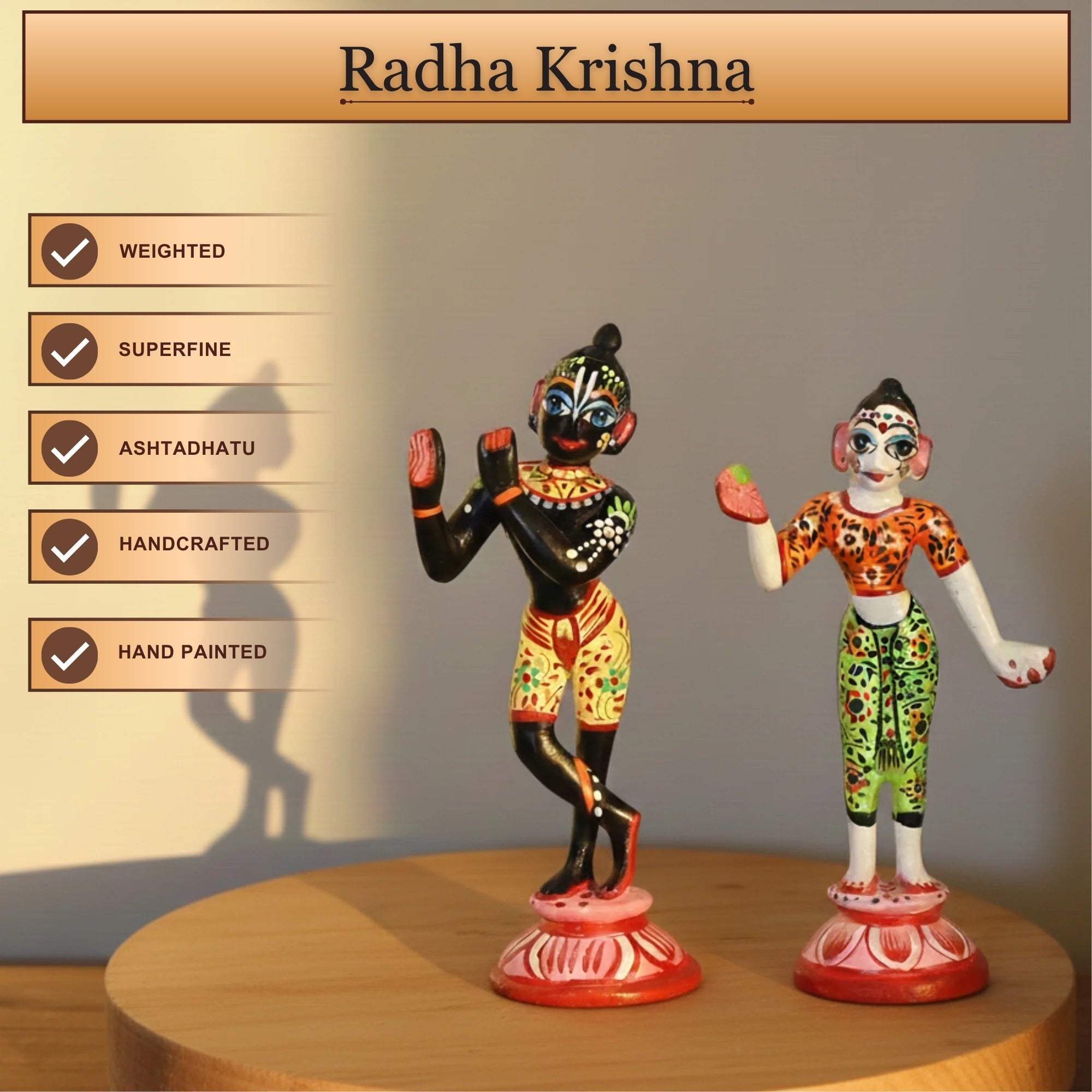 Front angle view of a handcrafted brass Radha Krishna Yugal Jodi murti