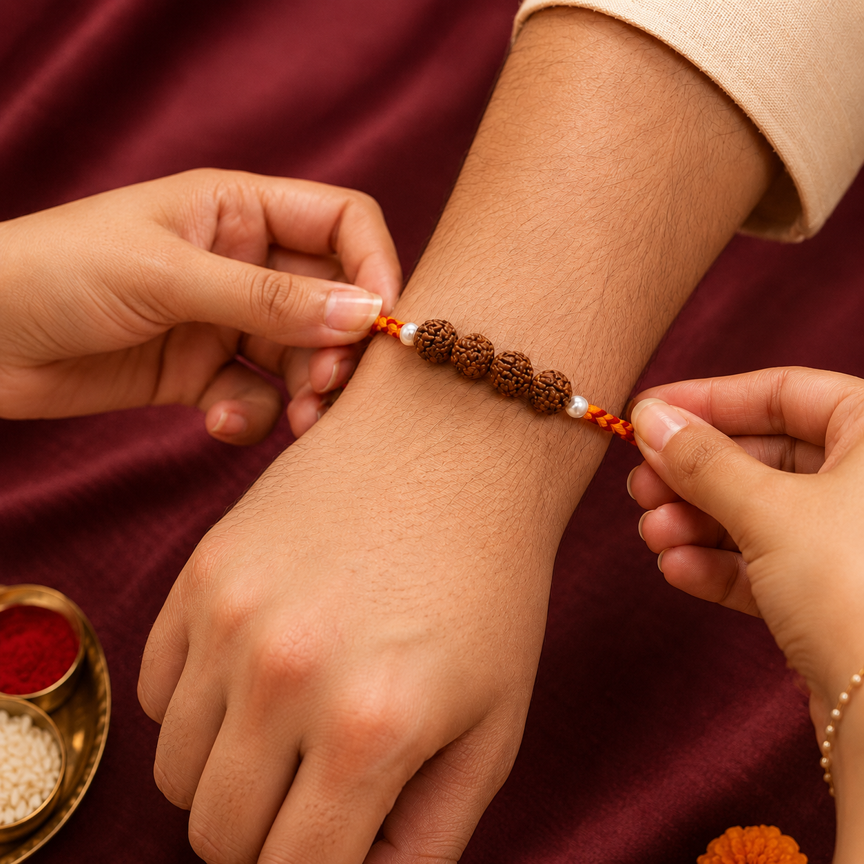 Hands tying authentic natural Rudraksha sacred rakhi on brother wrist for Raksha Bandhan