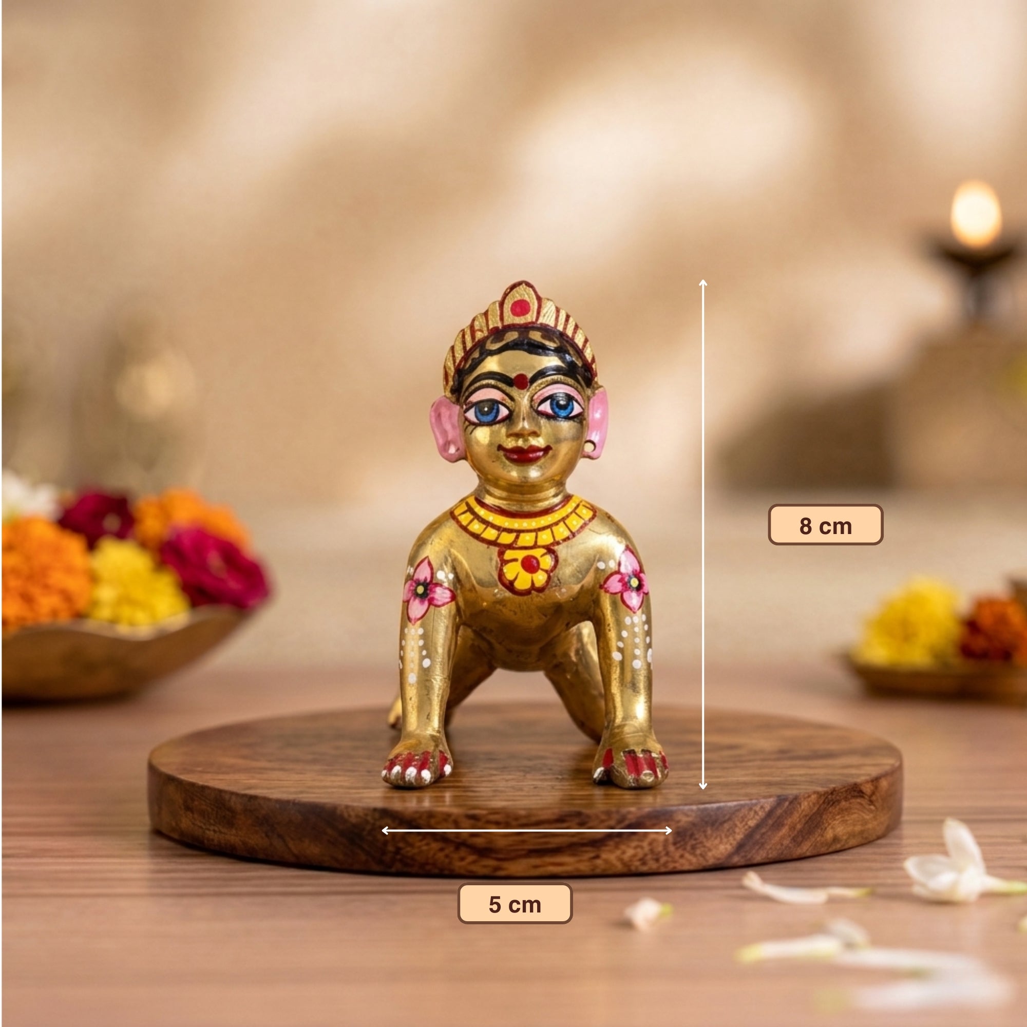 Height and base dimensions of the Radha Rani Ashtadhatu idol with big eyes