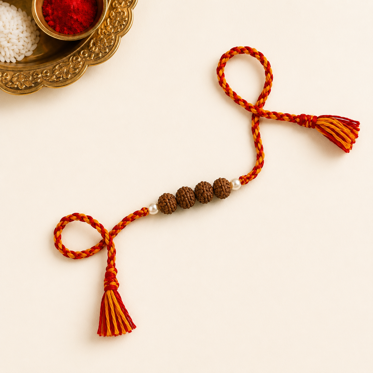 Authentic natural Rudraksha rakhi with red and yellow braided thread cord on cream backdrop