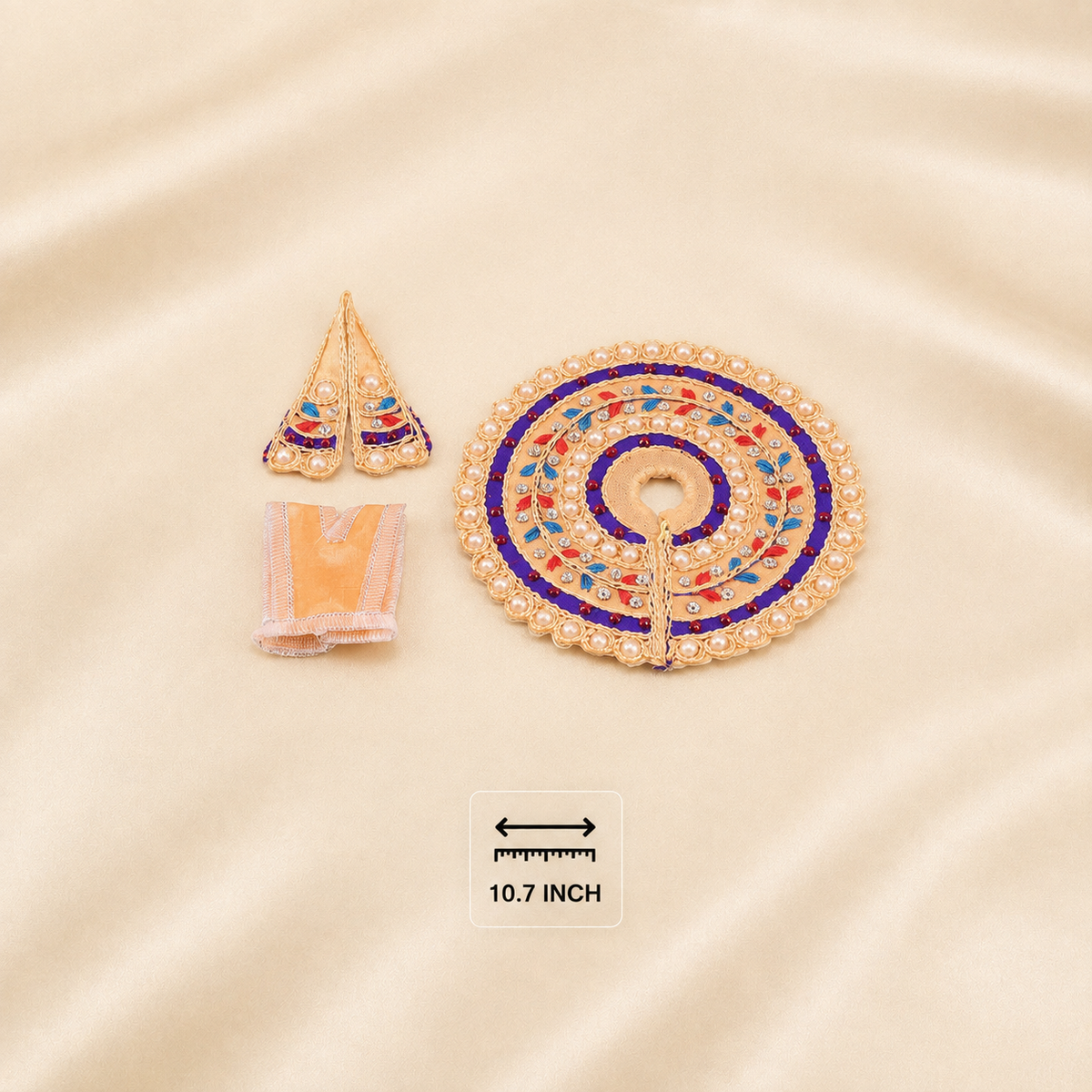 Beige Laddu Gopal dress set with purple bands, pearl border and colourful leaf embroidery