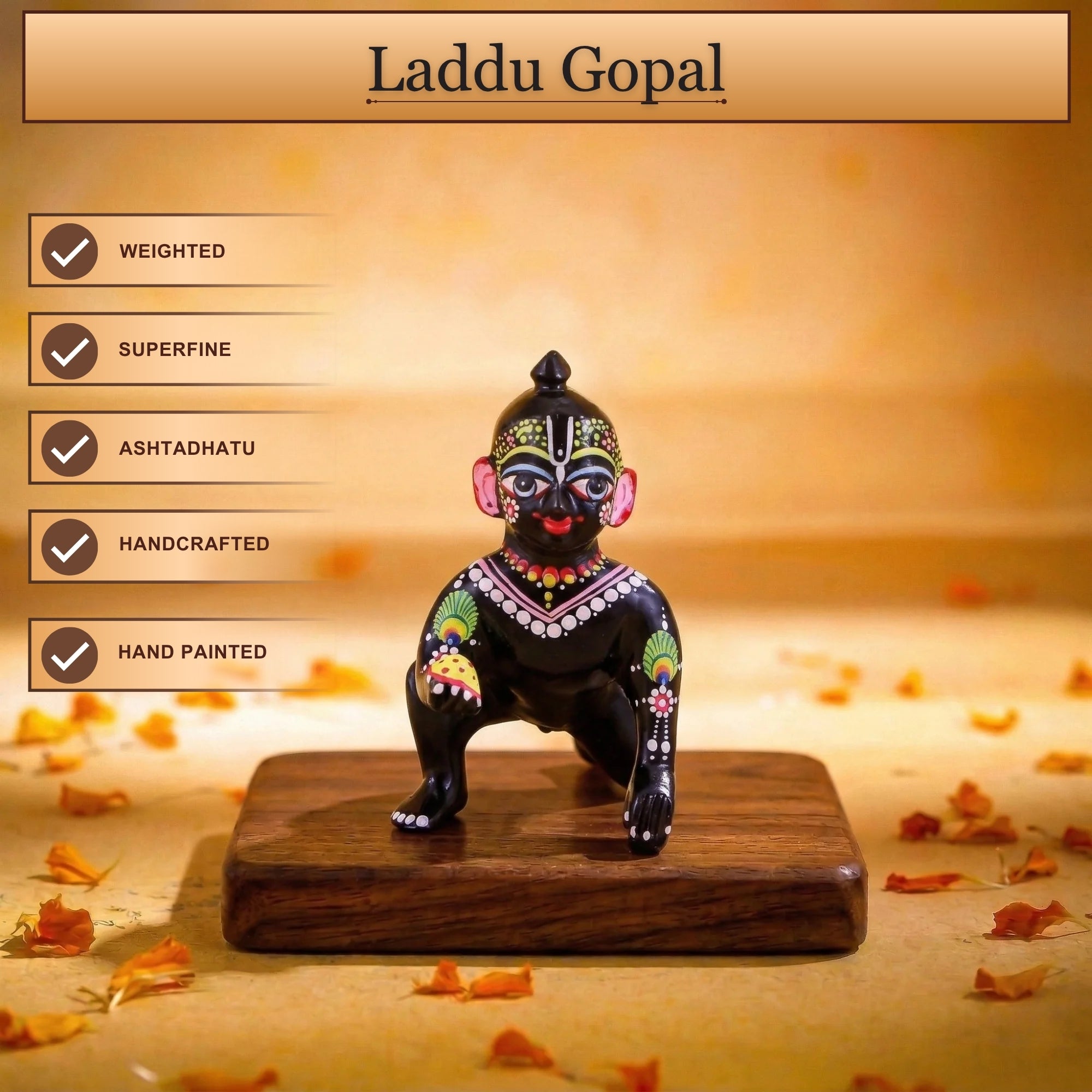 Front angle view of a hand-painted black pital Laddu Gopal murti