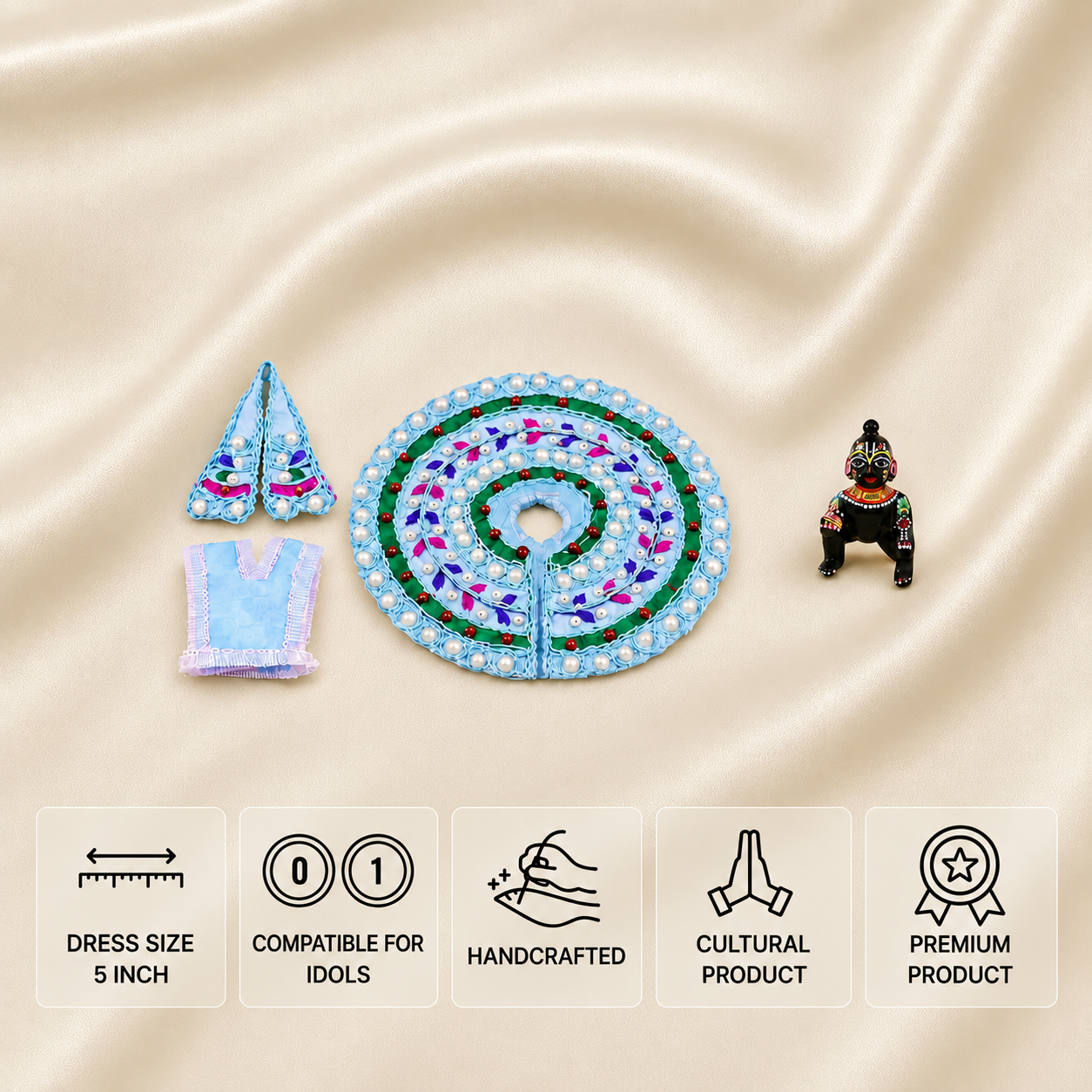 Blue handcrafted Laddu Gopal dress for 0 and 1 number idols with colourful embroidery and pearl detailing.