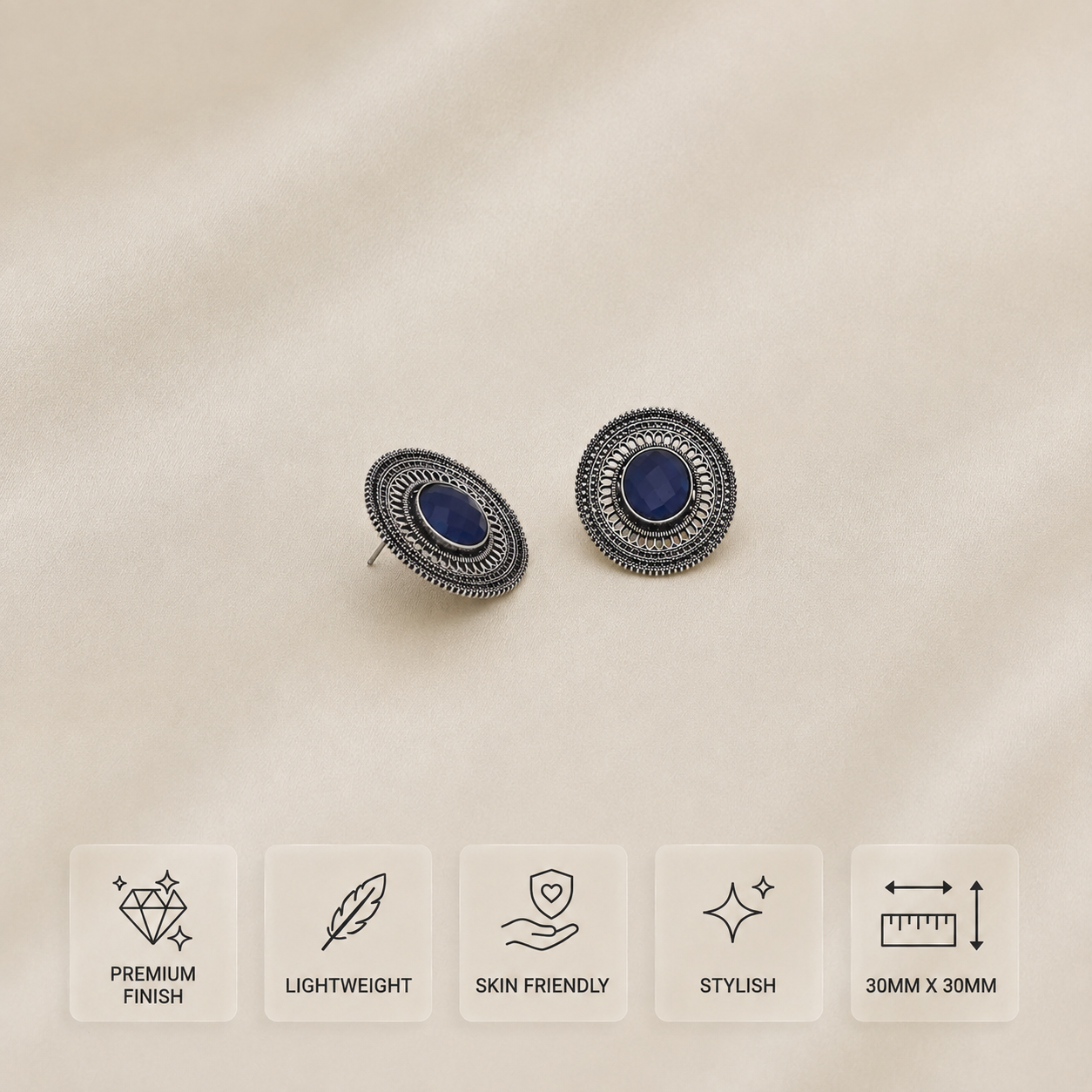 Blue oxidized metal stud earrings with premium finish and detailed round design, 30 mm x 30 mm