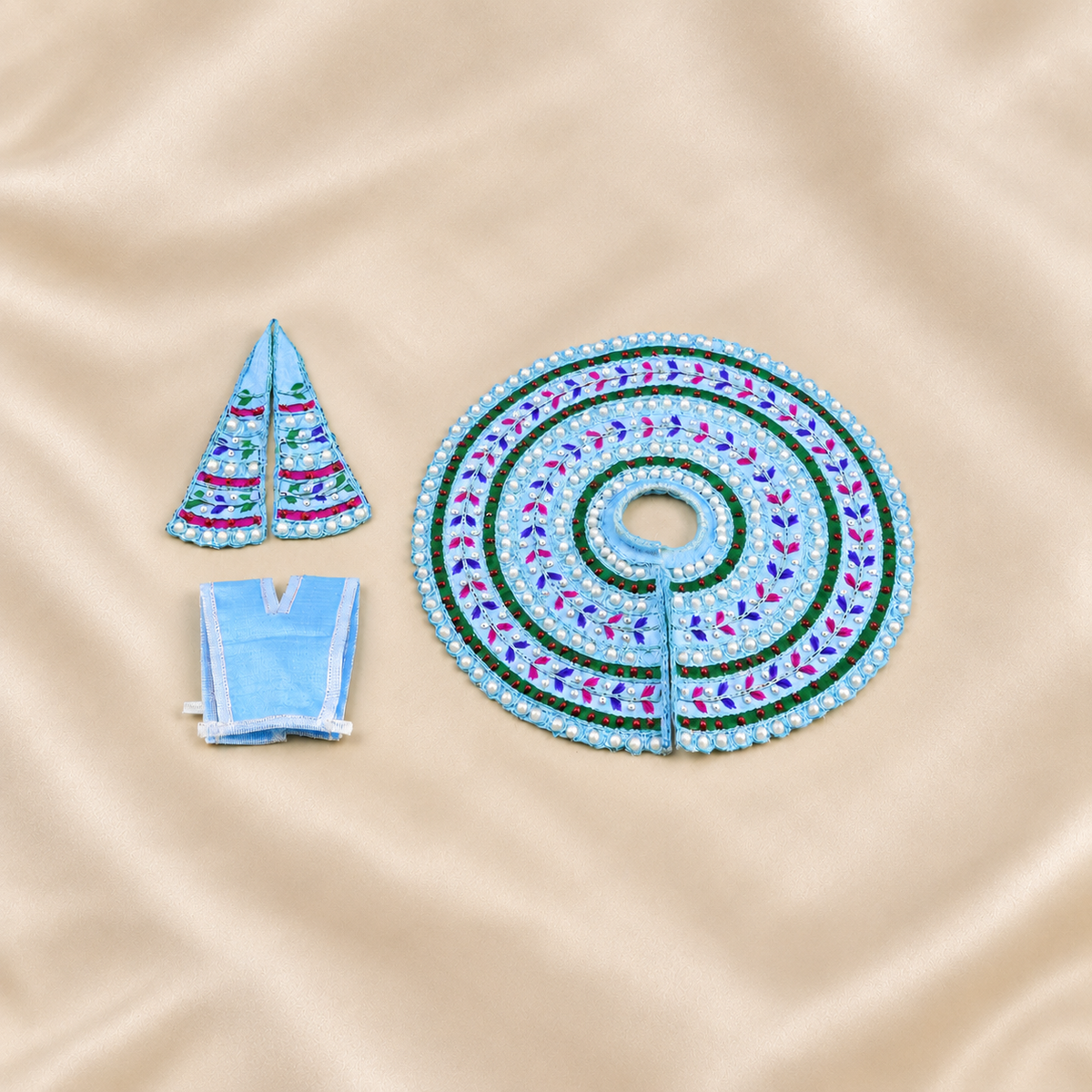 Blue Laddu Gopal dress set with pearl work, patka and matching accessories.