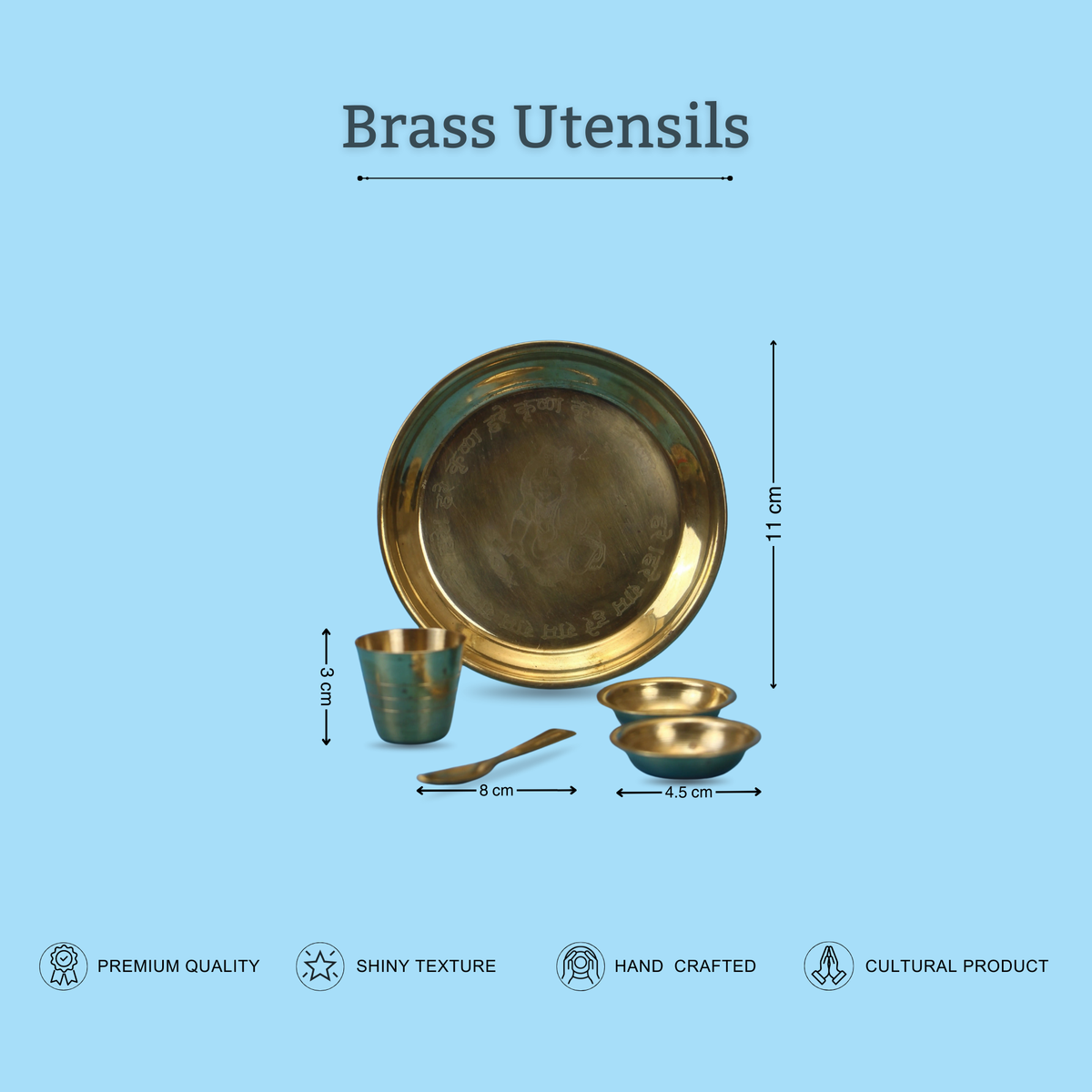 Pure brass bhog utensils set displayed with packaging details and specifications