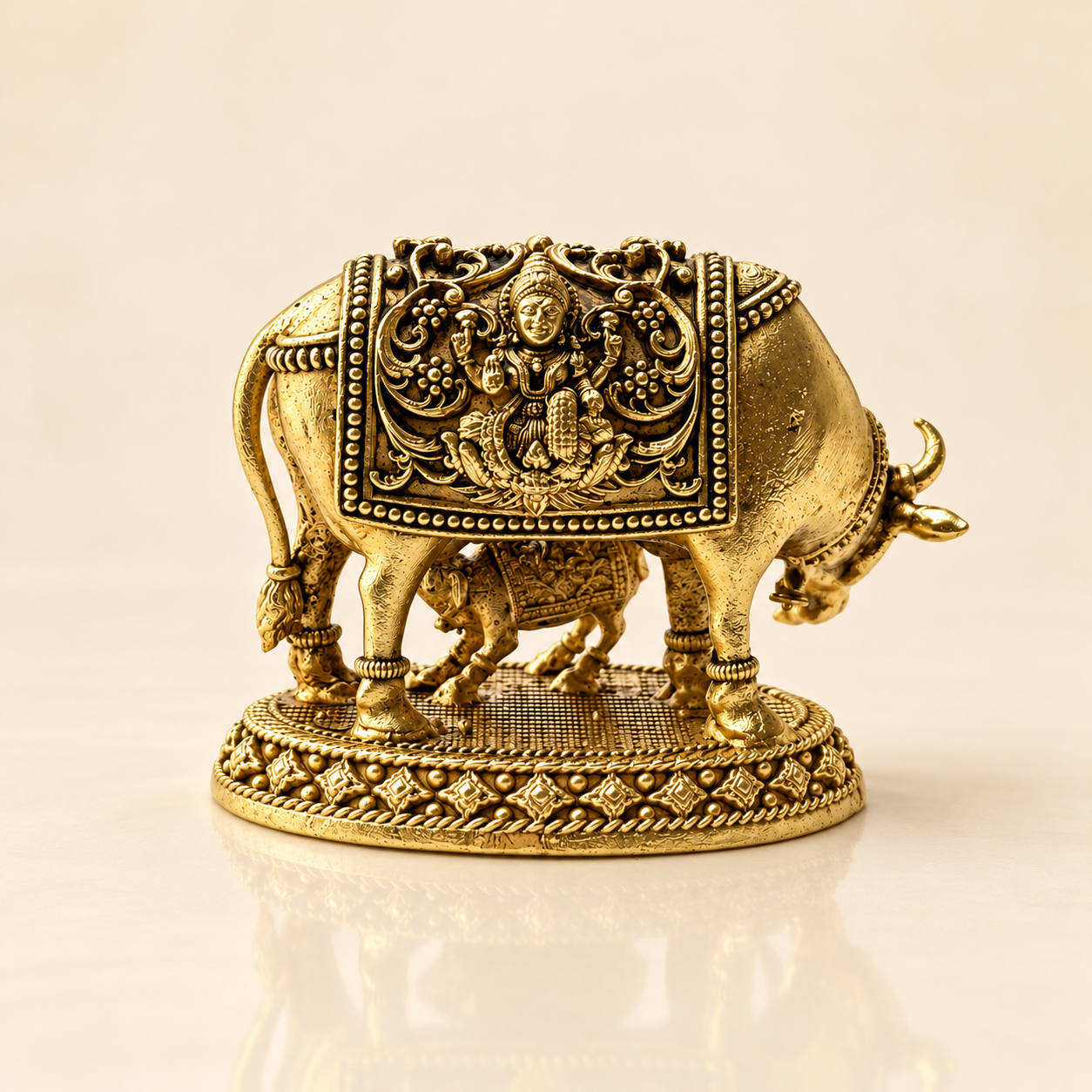 Reverse view of the golden brass Kamdhenu cow and calf statue showing Lakshmi relief and a decorative base on a cream background.