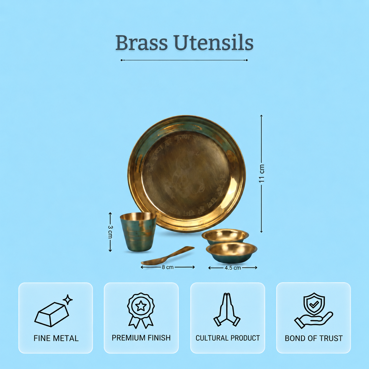 Brass puja utensil set with engraved thali, glass, spoon, bowls, dimensions and product features