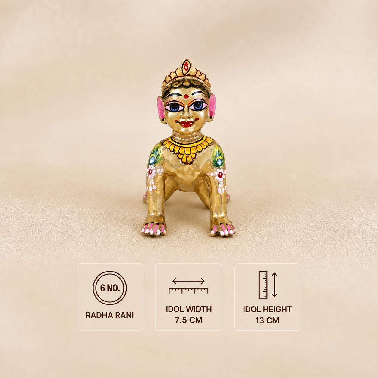Brass Radha Rani idol (Size 6 No.) with hand-painted facial features, crown, and ornaments, measuring 13 cm in height and 7.5 cm in width.