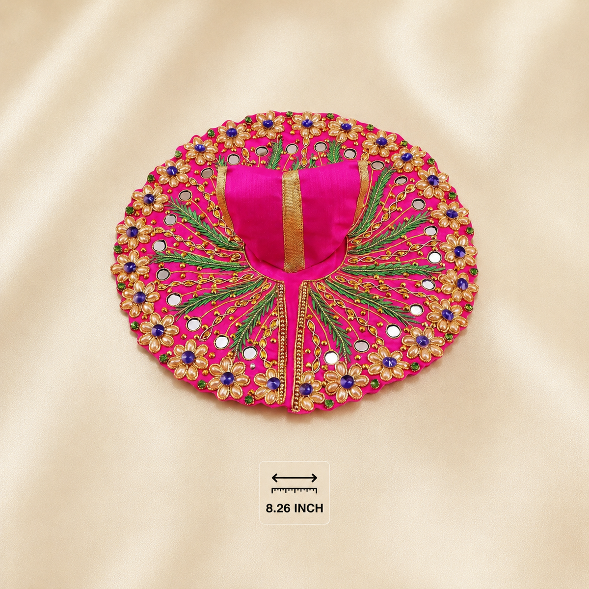 Bright pink 8.26-inch Laddu Gopal dress with gold floral embroidery, mirror work, green leaf motifs and purple stones