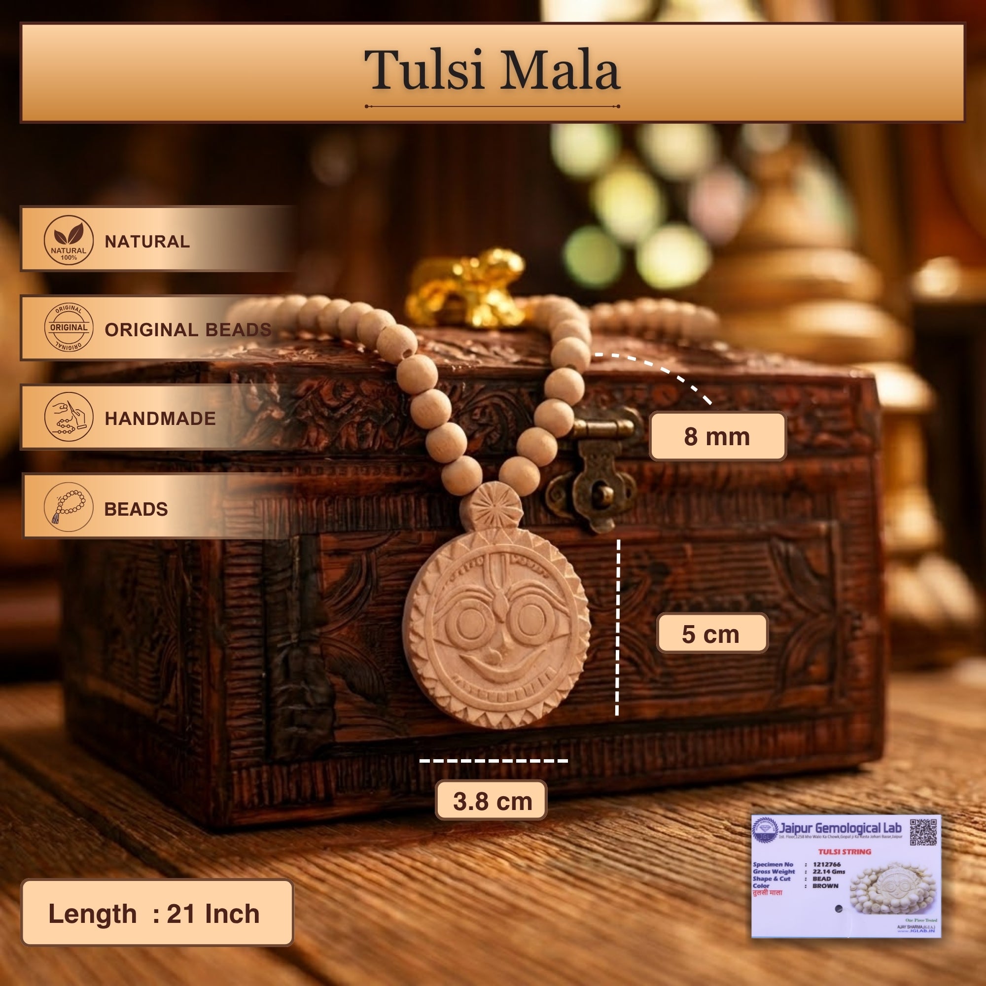 Size and material details of the premium Tulsi kanthi mala and carved Jagannath Ji locket