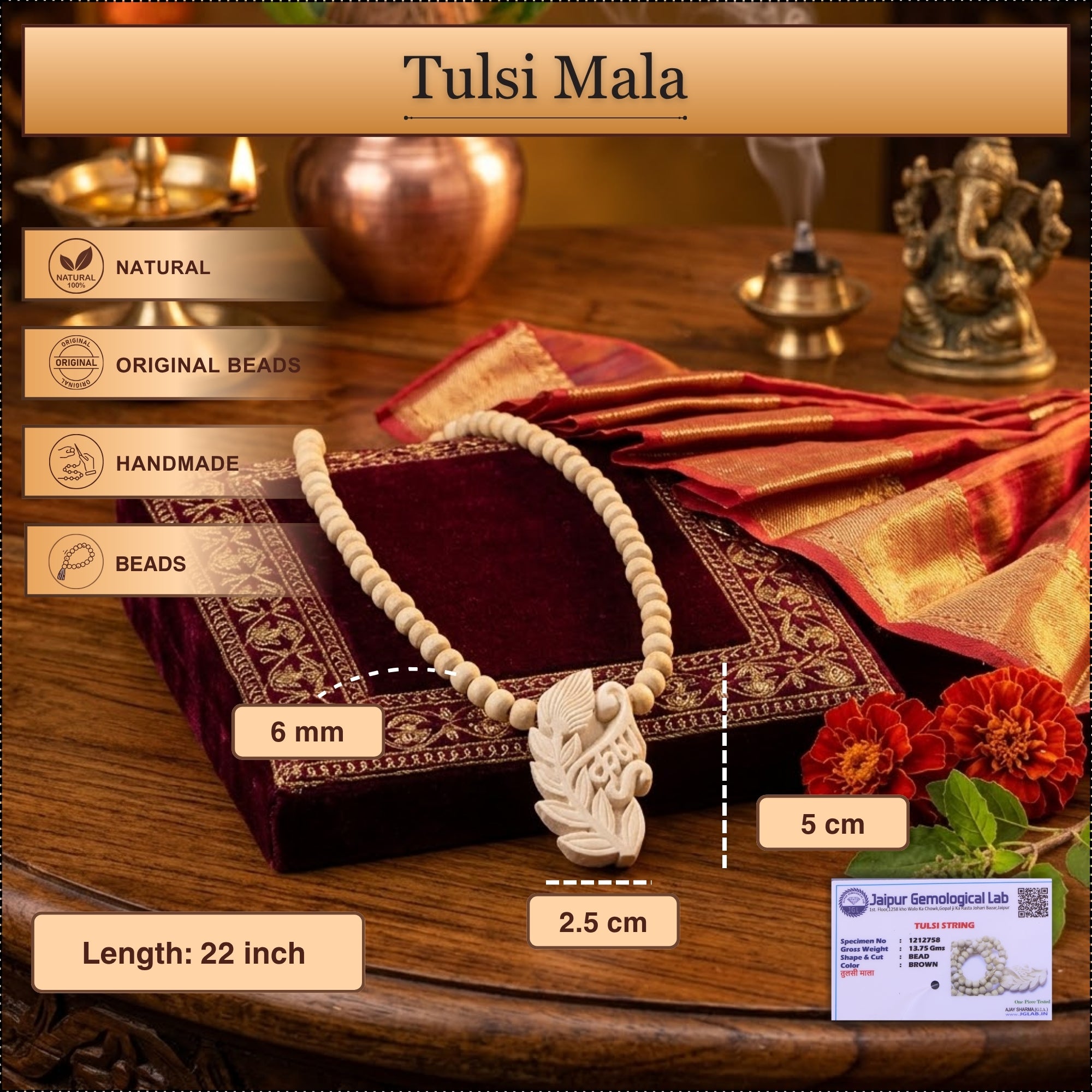 Size and material details of the premium Tulsi kanthi mala and carved Krishna locket