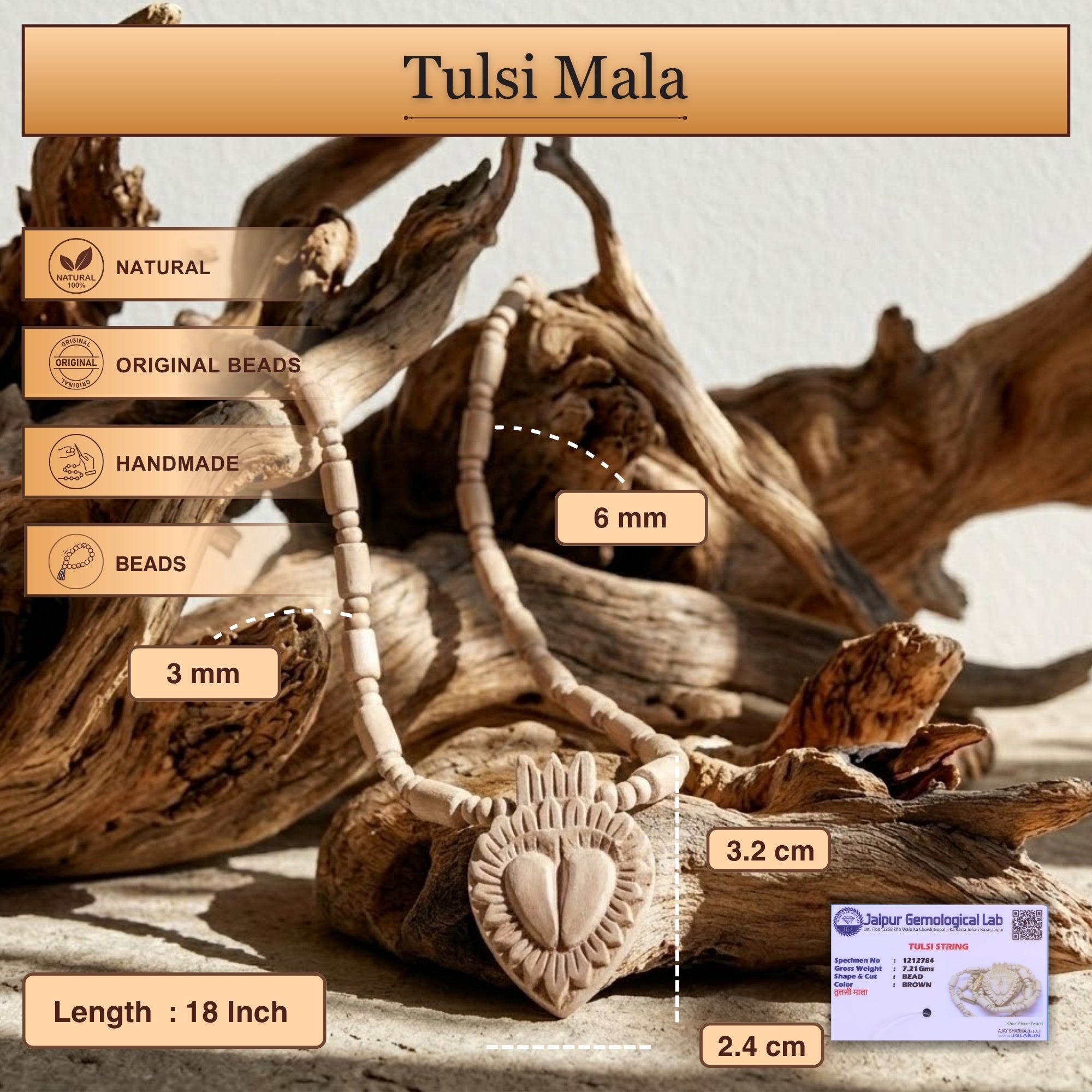 Size and material details of the pure Tulsi kanthi mala and carved Shree Radha Charan locket