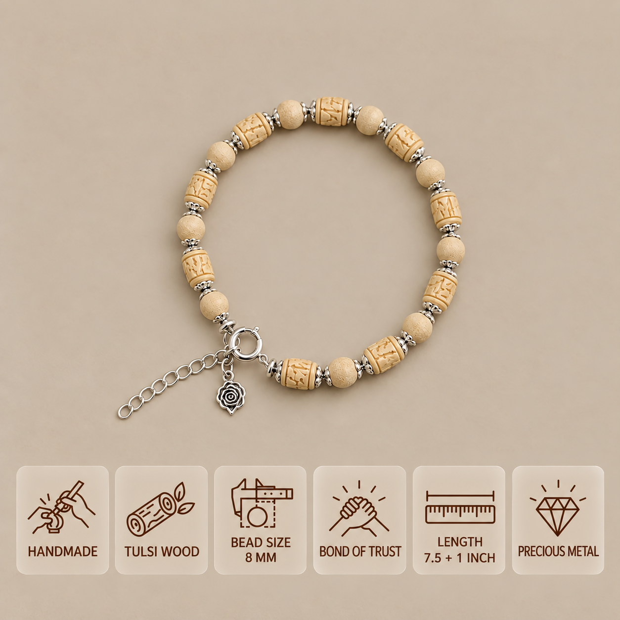 Bracelet with alternating carved and round Tulsi beads, silver-toned fittings and a charm, showing 8 mm beads and a 7.5 + 1 inch length.