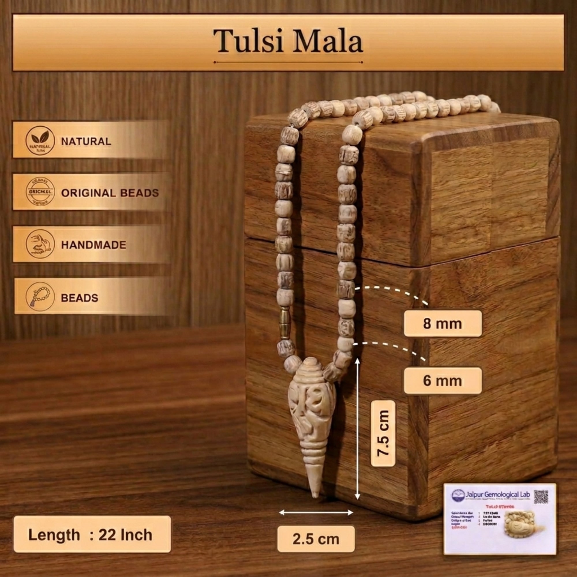 Size dimensions and material details of the carved wooden Shankh locket and Tulsi mala