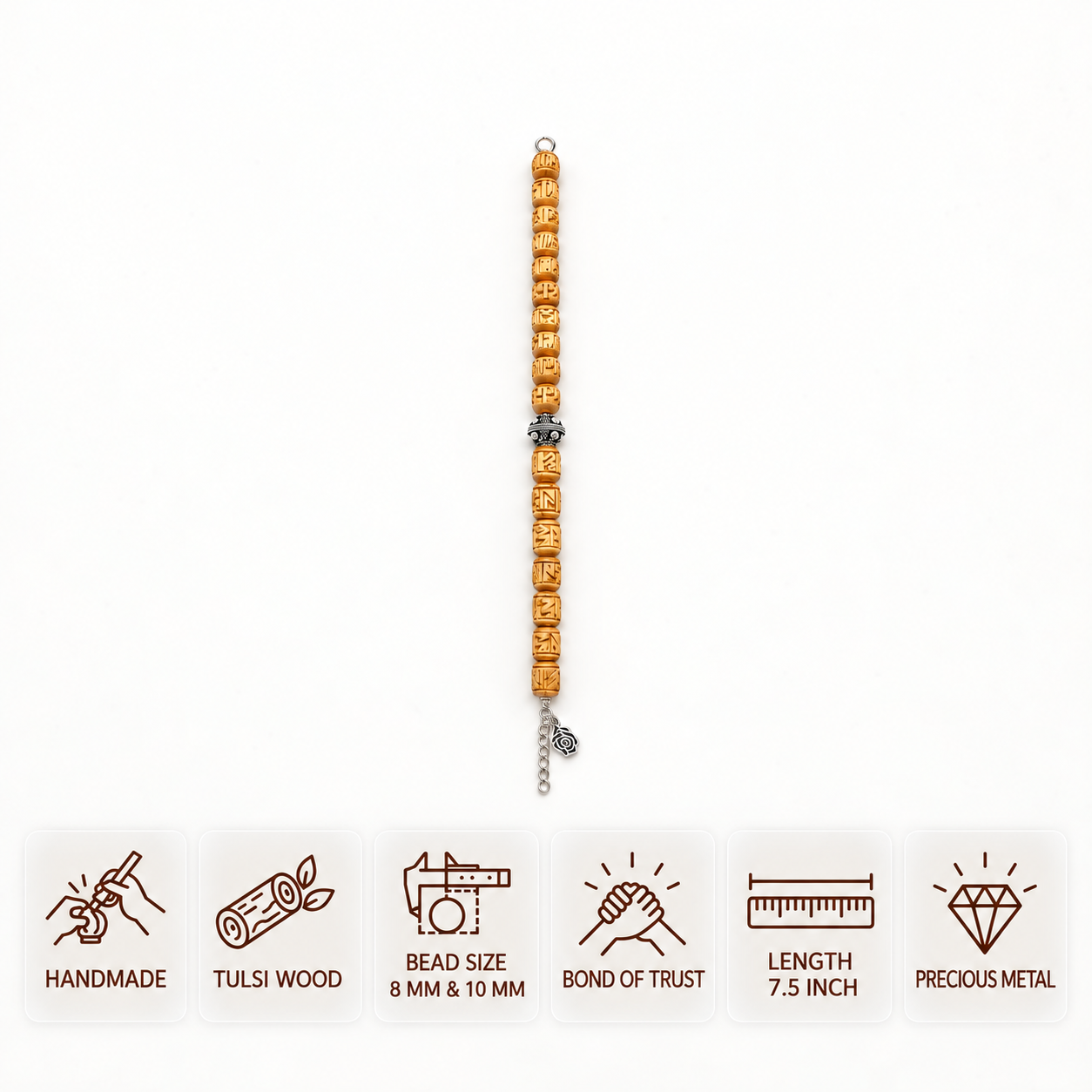 Straight view of a carved Tulsi bead bracelet with a decorative metal bead and extension chain, showing 8 mm and 10 mm beads and a 7.5 inch length.