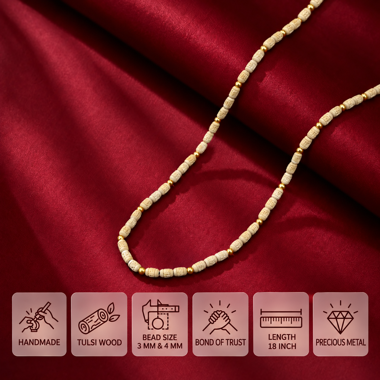 Carved Tulsi bead necklace with gold pacers on red satin, showing 3 mm and 4 mm beads and an 18 inch length.