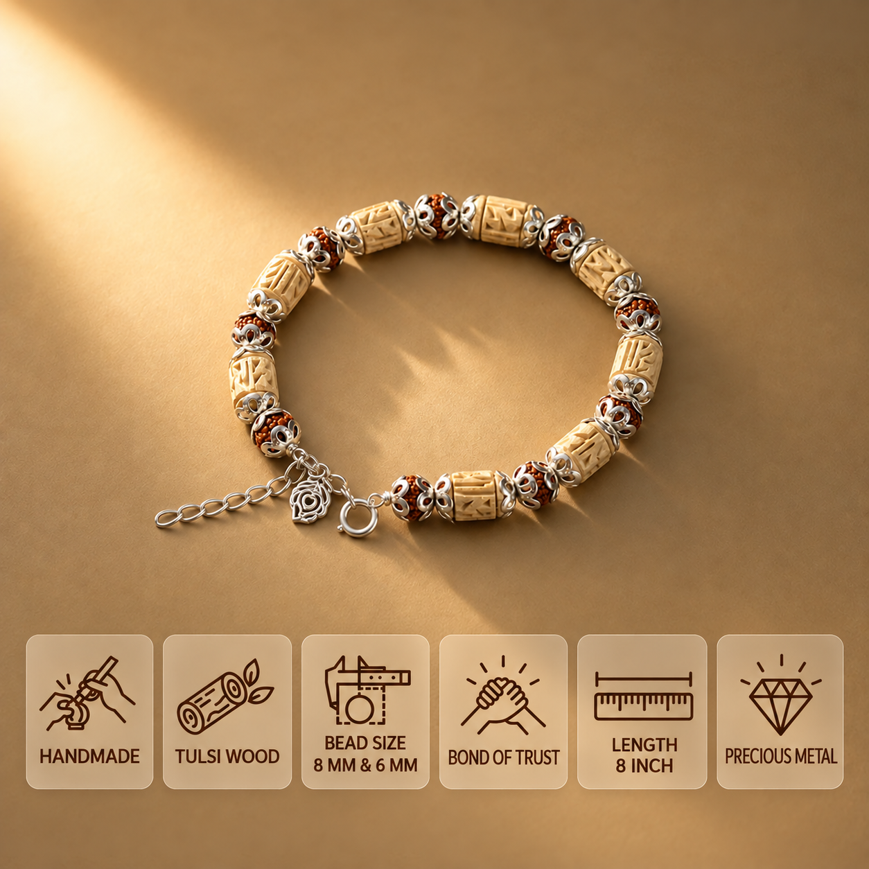 Carved Tulsi and brown bead bracelet with silver-toned fittings, showing 8 mm and 6 mm beads and an 8 inch length.