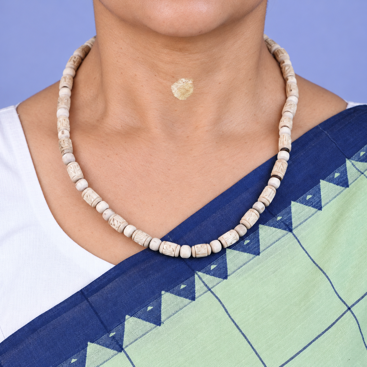 Tulsi mala with carved barrel beads and round spacers