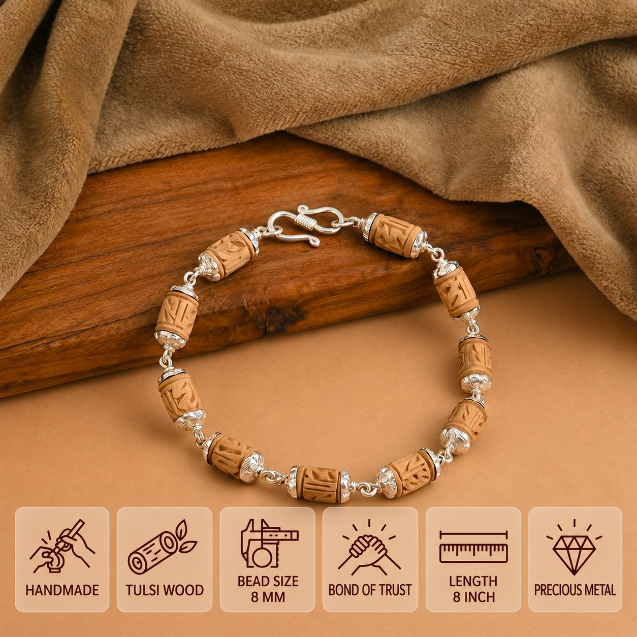 Carved Tulsi bead bracelet with silver-toned fittings and a hook clasp, showing 8 mm beads and an 8 inch length.