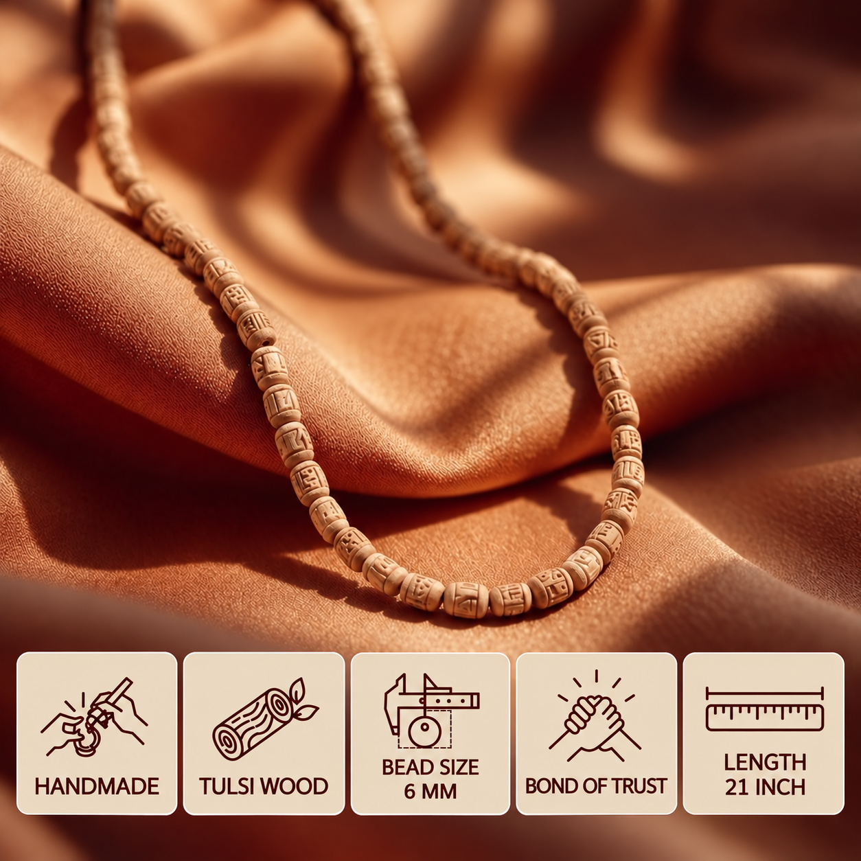 Copper fabric par carved Tulsi wood mala, 6 mm beads aur 21 inch length ke feature cards ke saath.
