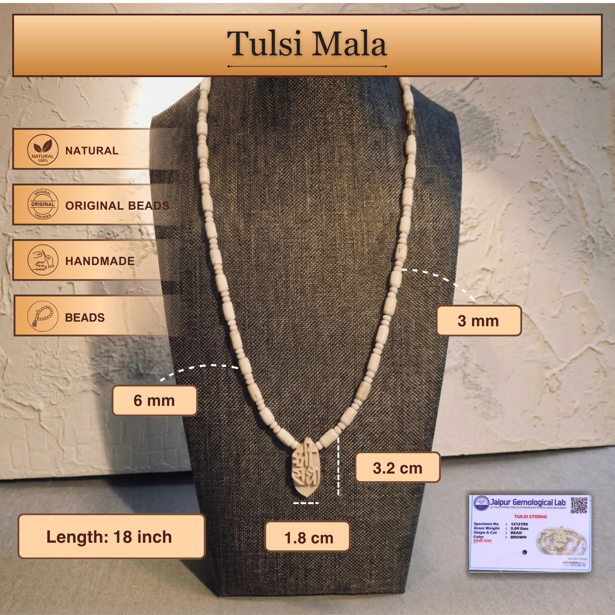 Size and material details of the pure Tulsi kanthi mala and carved Shree Radha locket