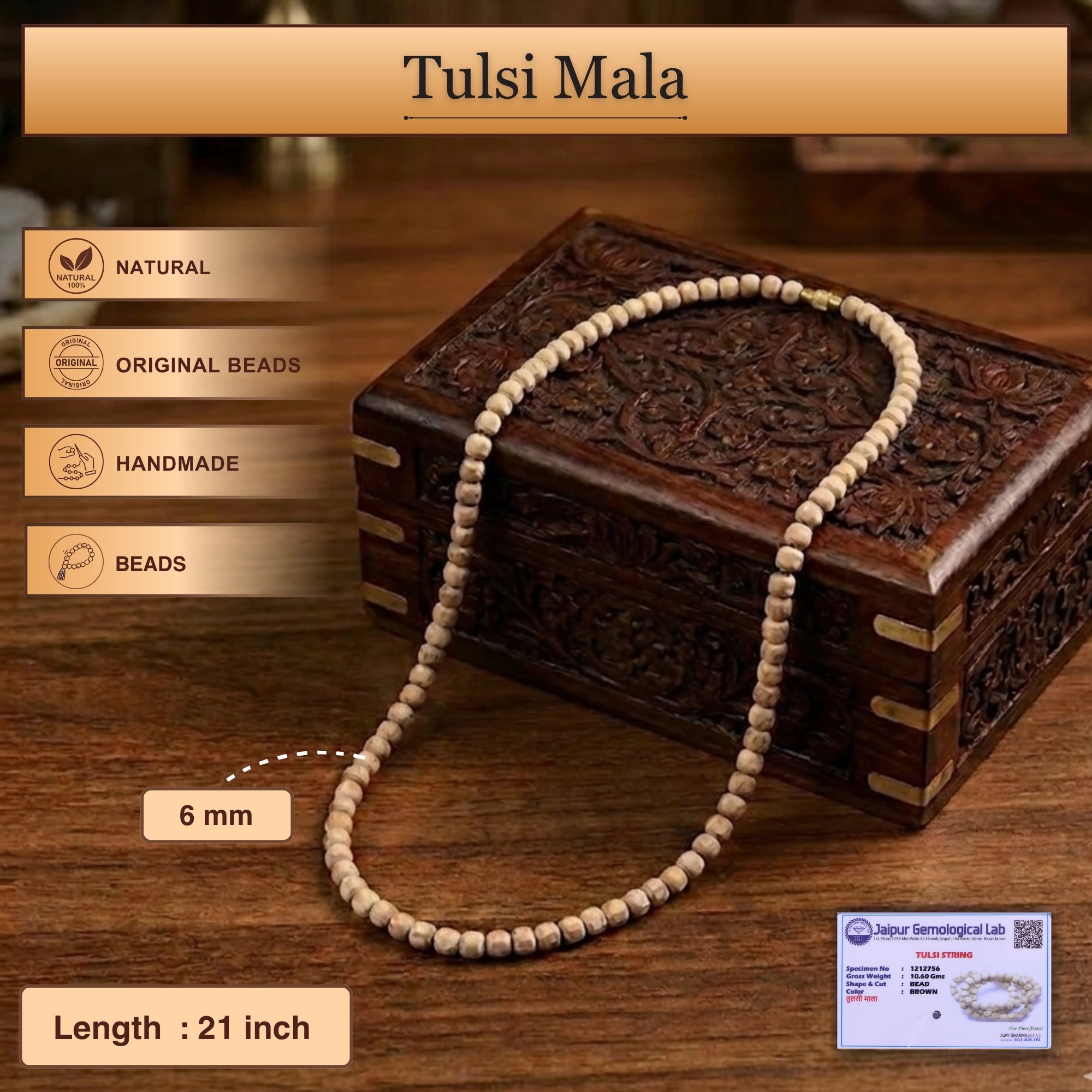 Certified pure round bead Tulsi kanthi mala displayed on a wooden stand