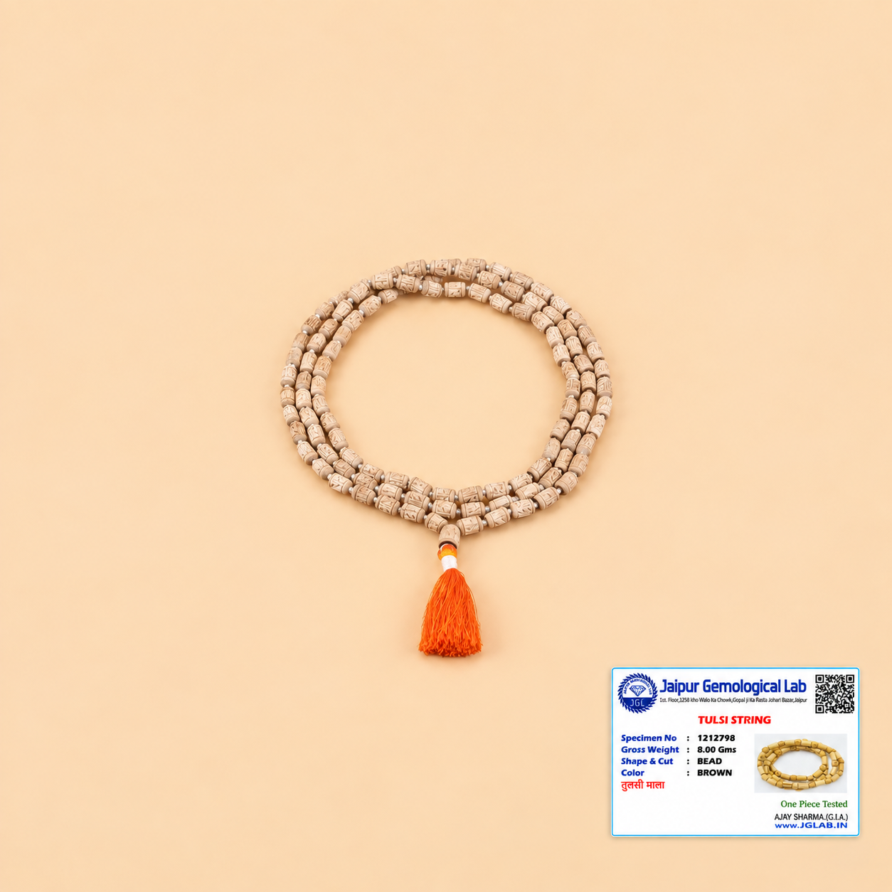 Certified Tulsi Japa Mala with original 8 mm and 10 mm Tulsi beads and Jaipur Gemological Lab certificate