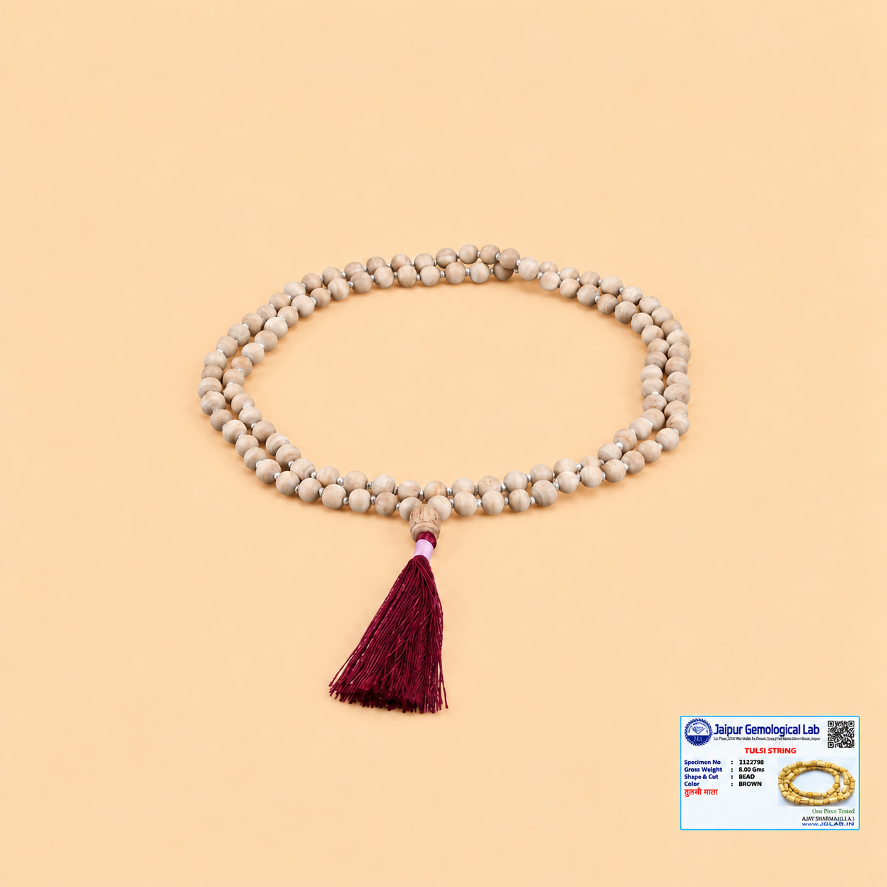 Certified Tulsi Japa Mala with natural Tulsi beads, maroon tassel and gemological lab certificate