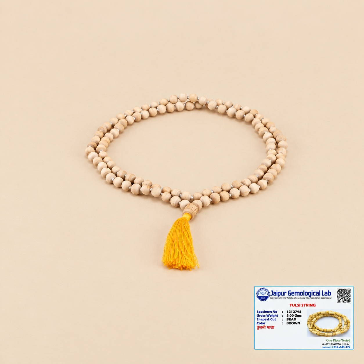 Certified Tulsi Japa Mala with original natural Tulsi beads, yellow tassel and gemological lab certificate