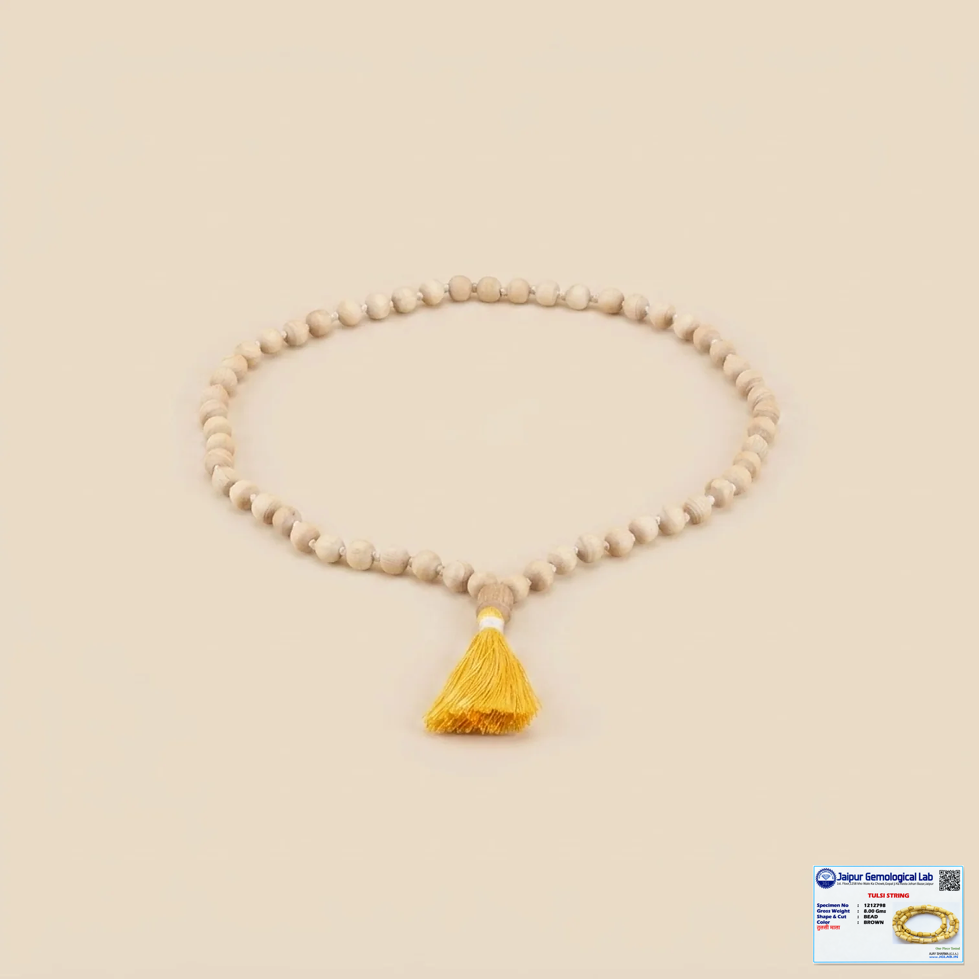 Certified Tulsi Japa Mala with natural Tulsi beads, yellow tassel and Jaipur Gemological Lab certificate