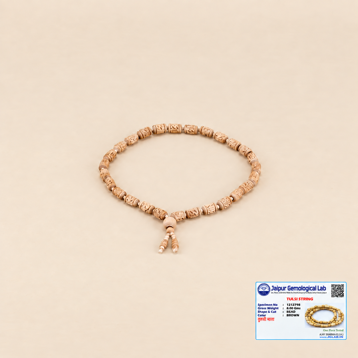 Certified Tulsi Kanthi Mala with natural carved Tulsi beads and authenticity certificate
