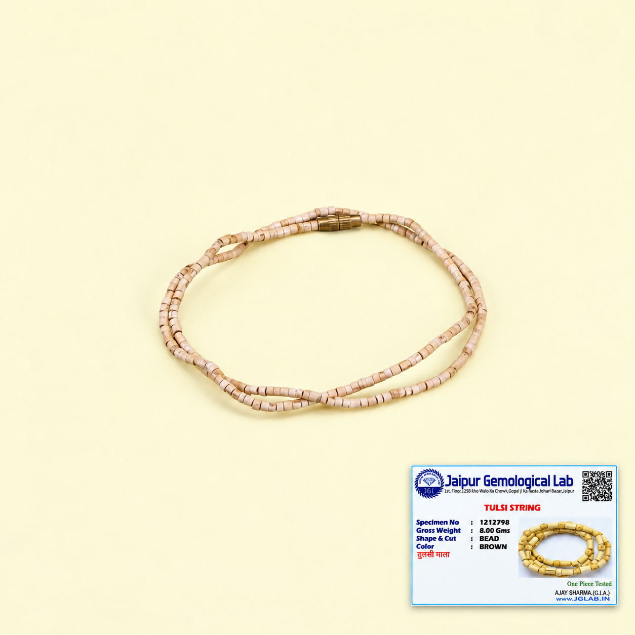 Certified Tulsi Mala with natural 3 mm Tulsi beads, 16 inch length and Jaipur Gemological Lab certificate