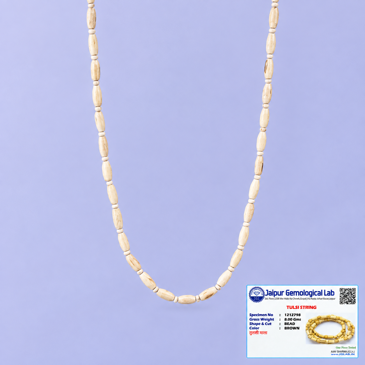ertified Tulsi Mala with natural 4 mm and 5 mm Tulsi beads, 18 inch length and Jaipur Gemological Lab certificate