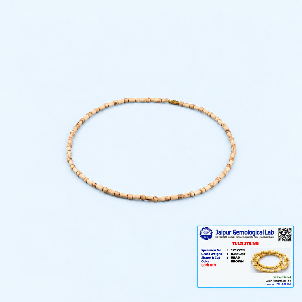 Certified Tulsi Mala with original natural 6 mm Tulsi beads, 24 inch length and Jaipur Gemological Lab certificate