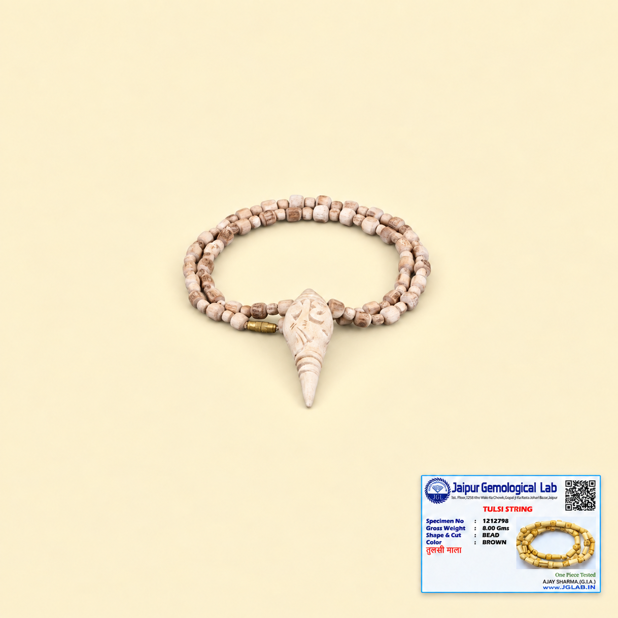Certified Tulsi pendant mala with carved natural Tulsi beads, conch-shaped pendant and gemological lab certificate