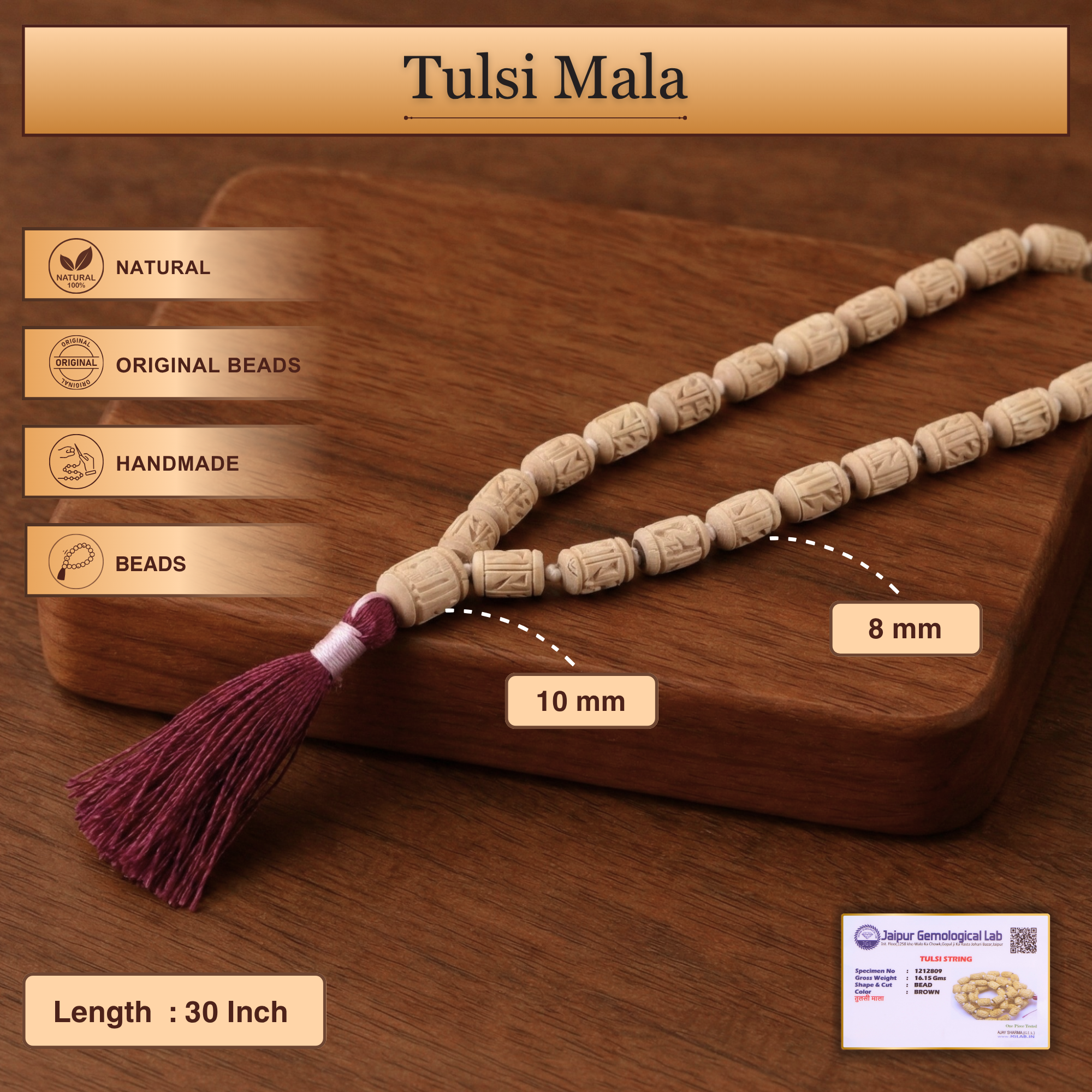 Infographic detailing the 10mm bead size and authentic material of the 54 bead Tulsi mala
