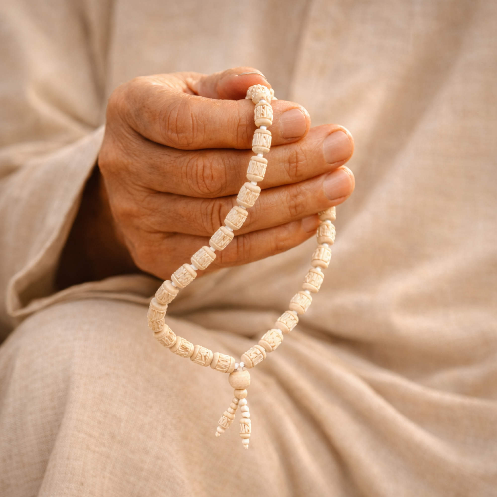 Devotee's hands chanting on a handcrafted 27 bead Tulsi japa mala