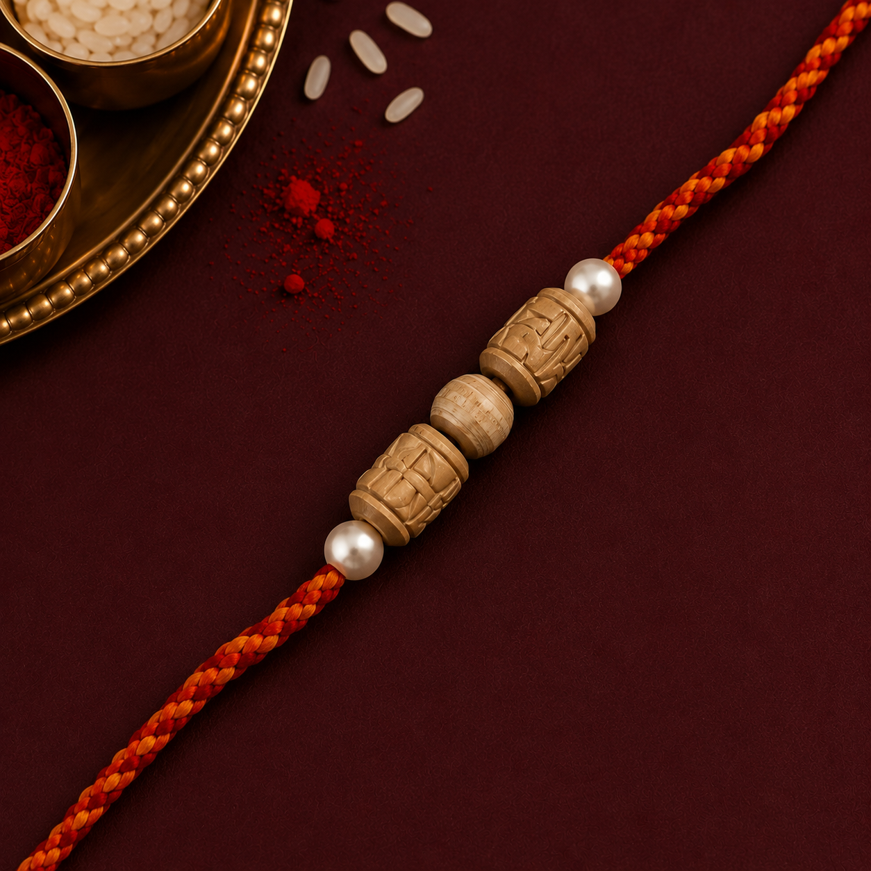 Close up of natural wooden carved Tulsi beads on a simple rakhi