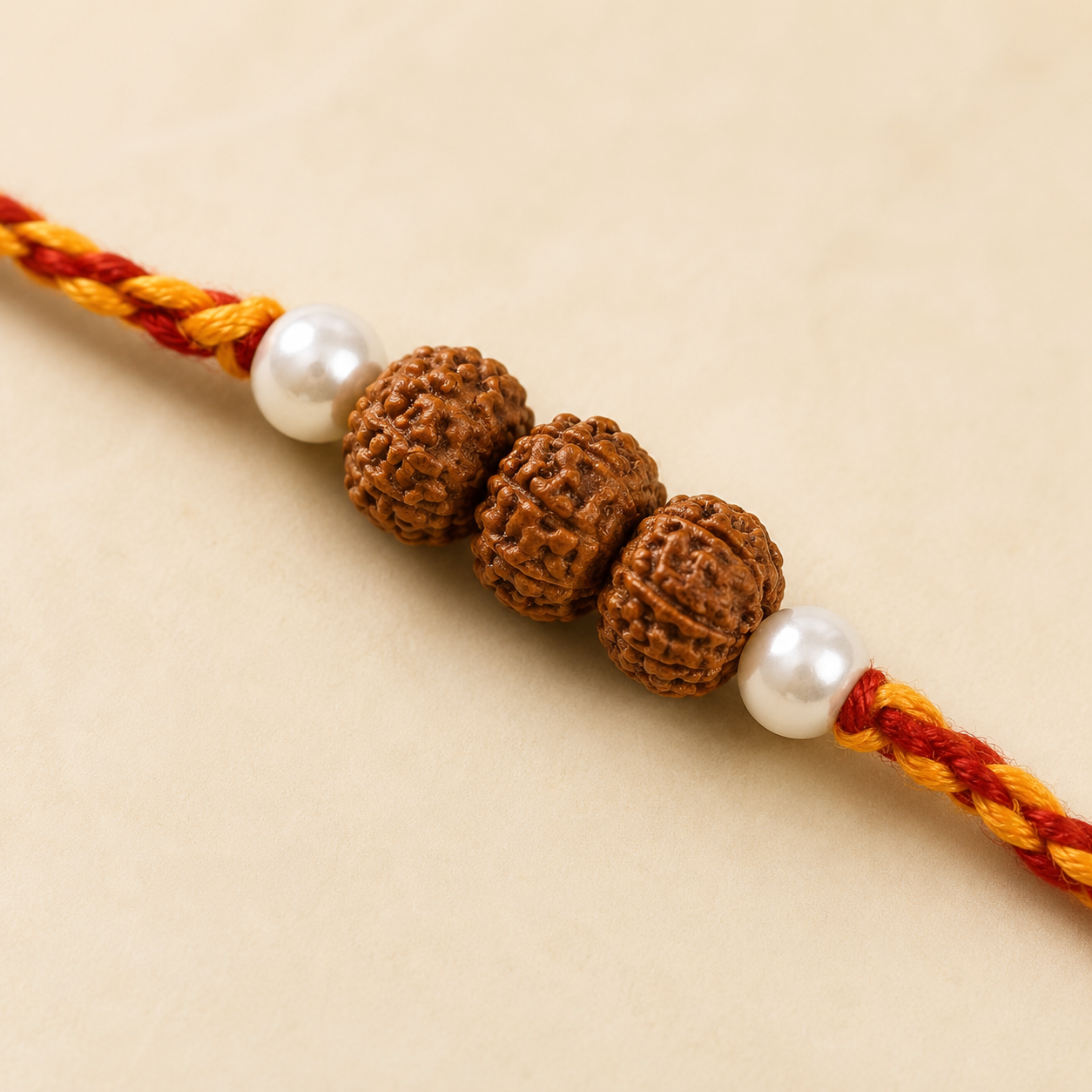 Close up view of three Rudraksha beads flanked by white pearl beads on red orange cord