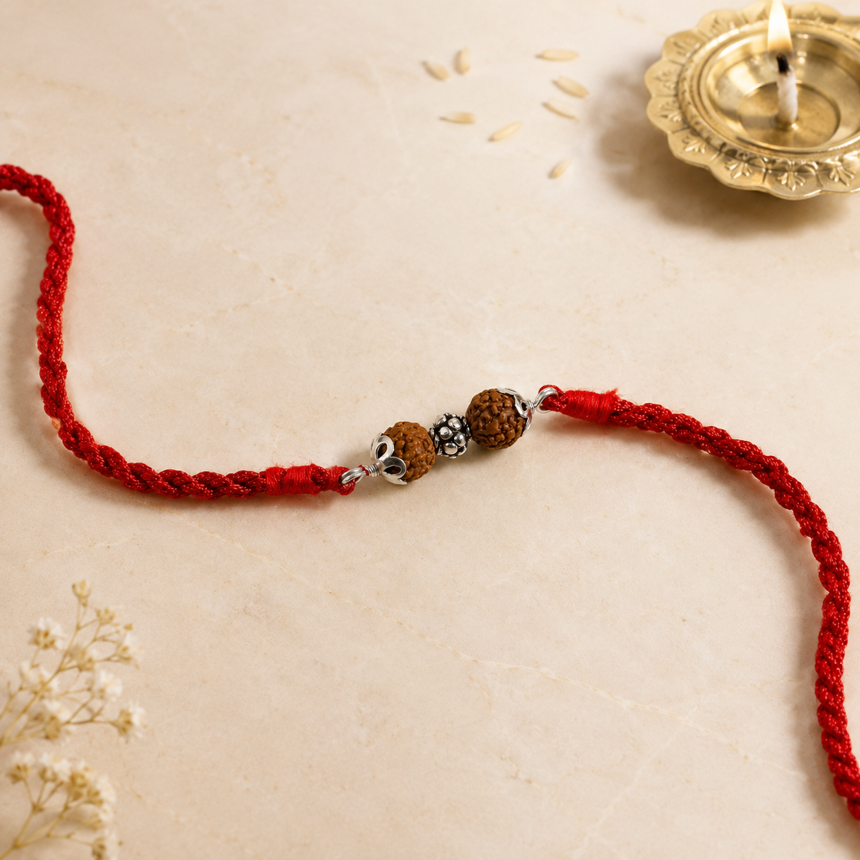 Close up view of 925 sterling silver capped Rudraksha bead with silver accent spacers on red thread