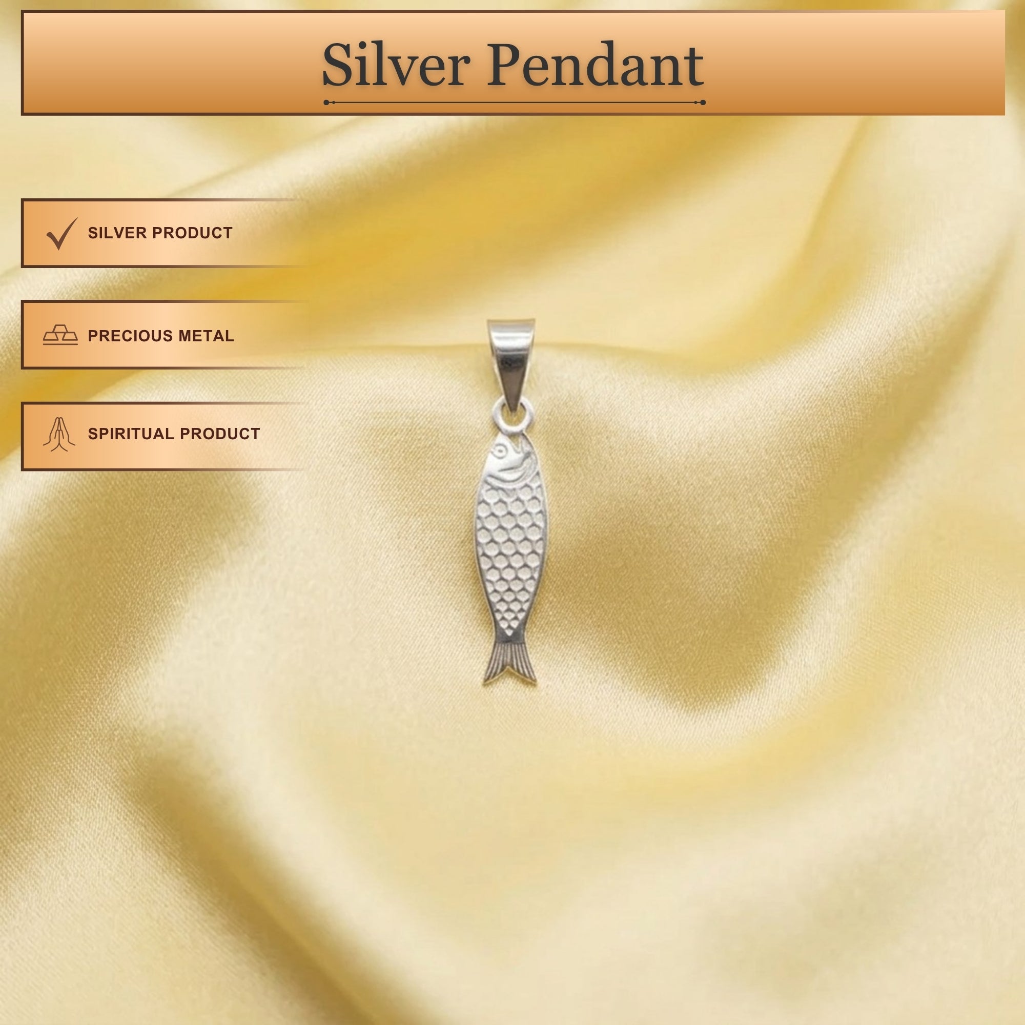 Close up view of textured 925 sterling silver Matsya fish avatar pendant on golden silk