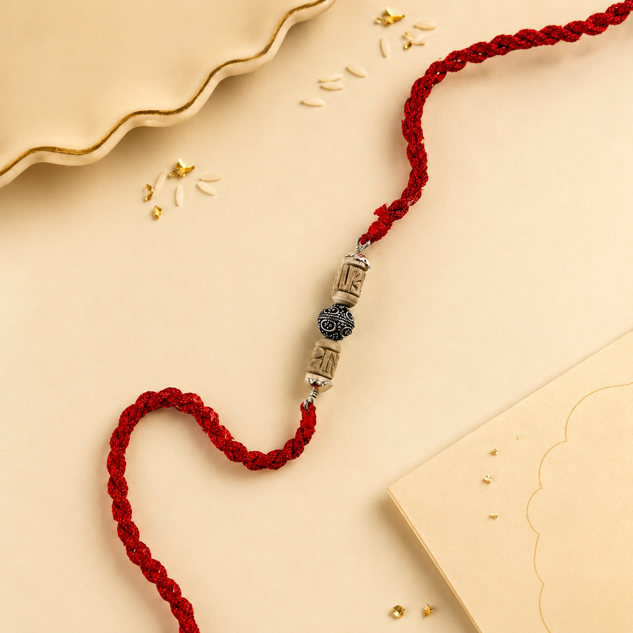Close up view of 925 sterling silver antique filigree capped Tulsi bead with silver accent beads