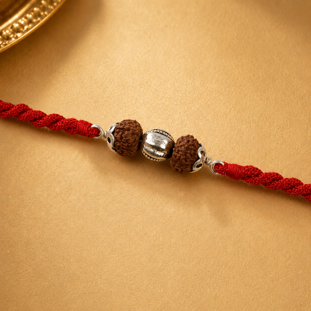 Close up view of natural Rudraksha beads encased in 925 sterling silver caps