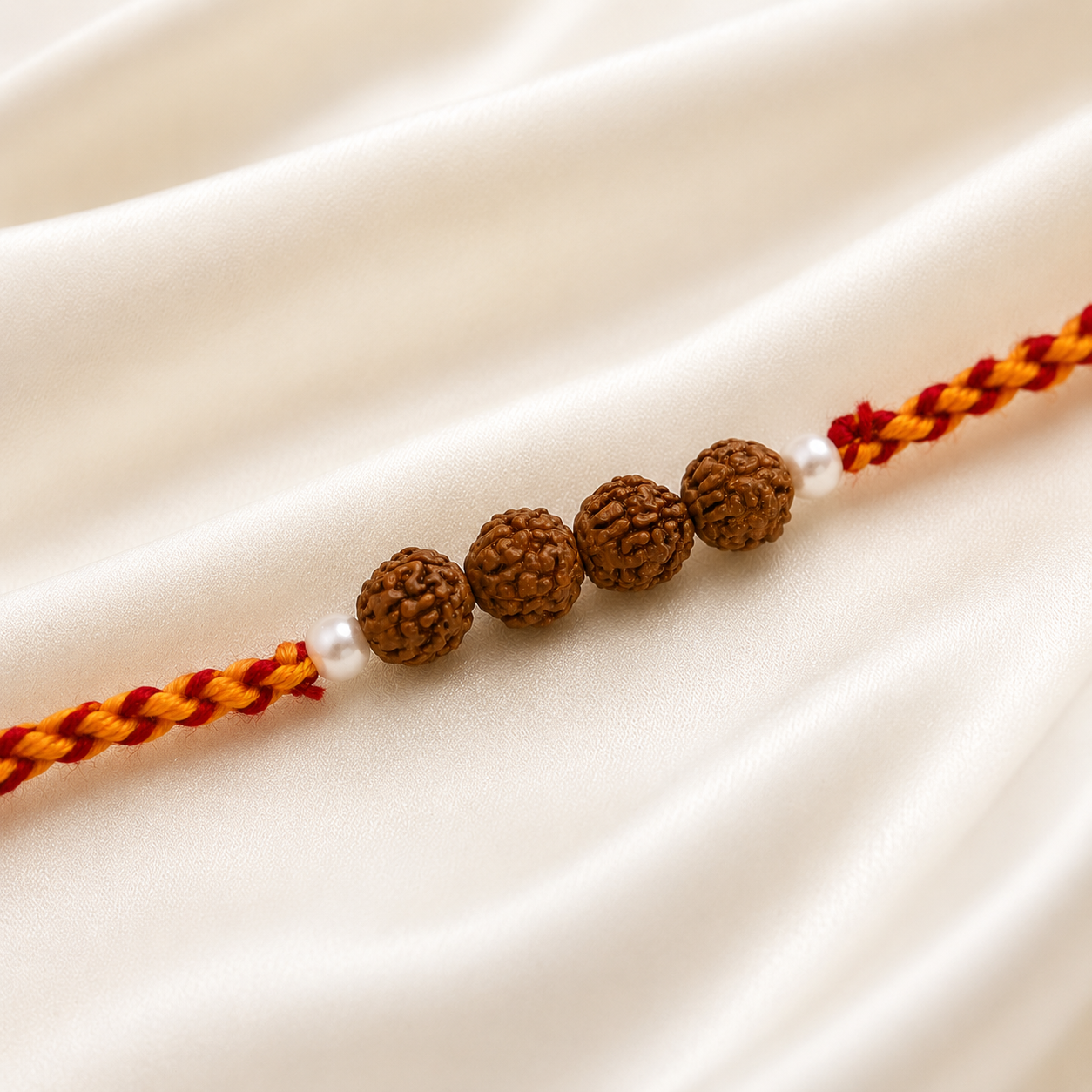 Close up view of natural Rudraksha beads on red and orange-yellow braided thread cord