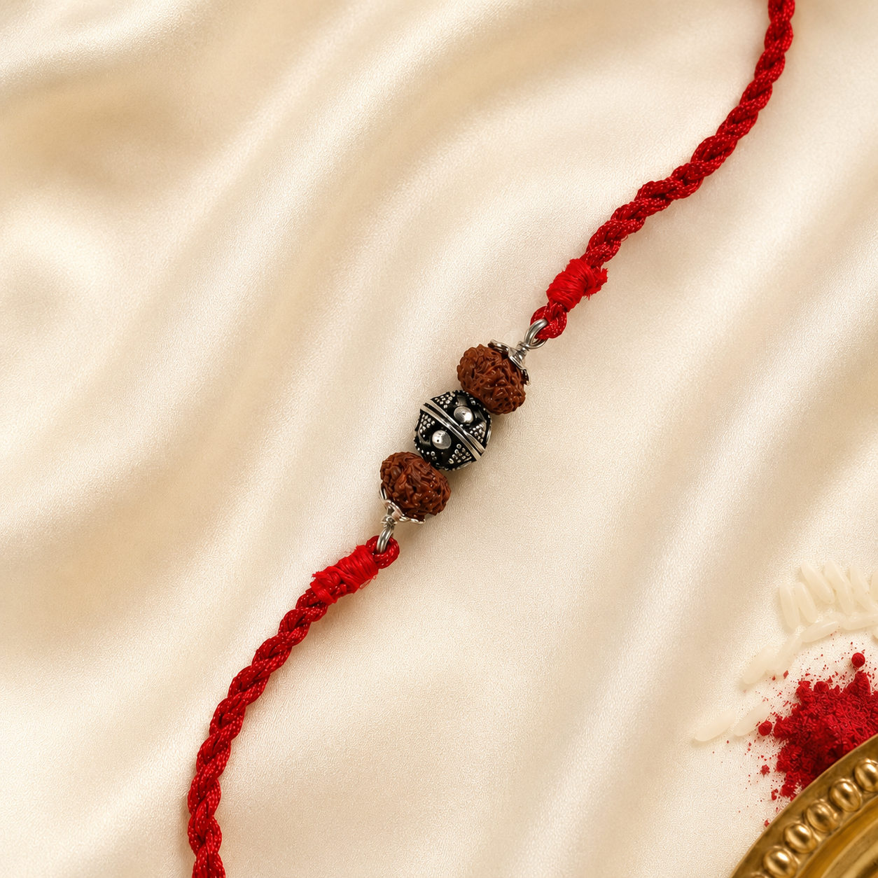 Close up view of premium 925 sterling silver filigree capped Rudraksha bead with silver accent spacers