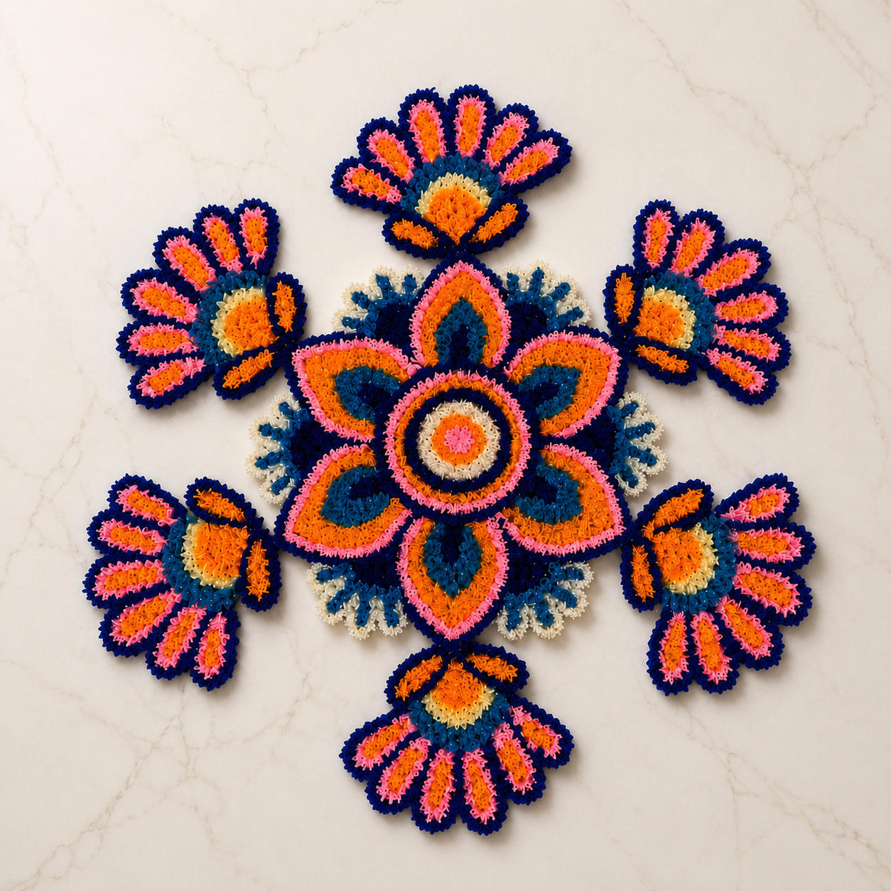 Colourful floral woolen rangoli design for Diwali floor and entrance decoration