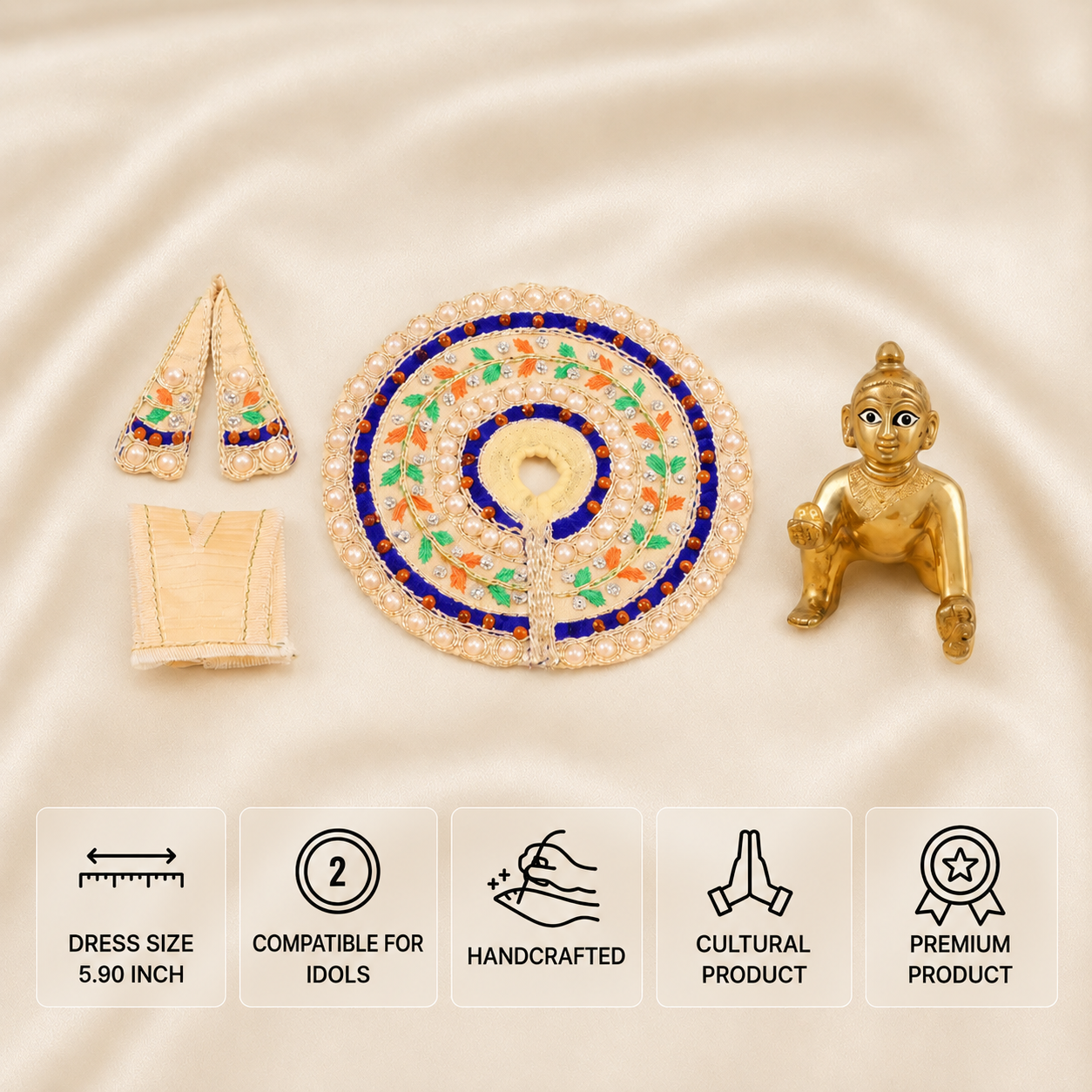 Cream and royal blue handcrafted Laddu Gopal poshak set for 2 number idol with leaf embroidery and pearl border.
