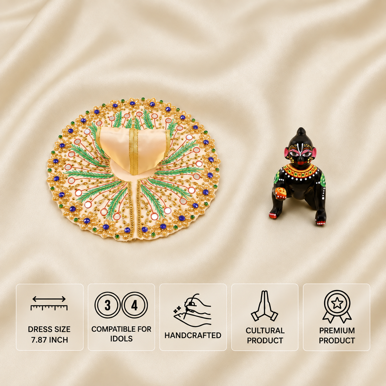 Cream handcrafted Laddu Gopal dress for 3 and 4 number idols with green leaf embroidery and golden floral detailing.