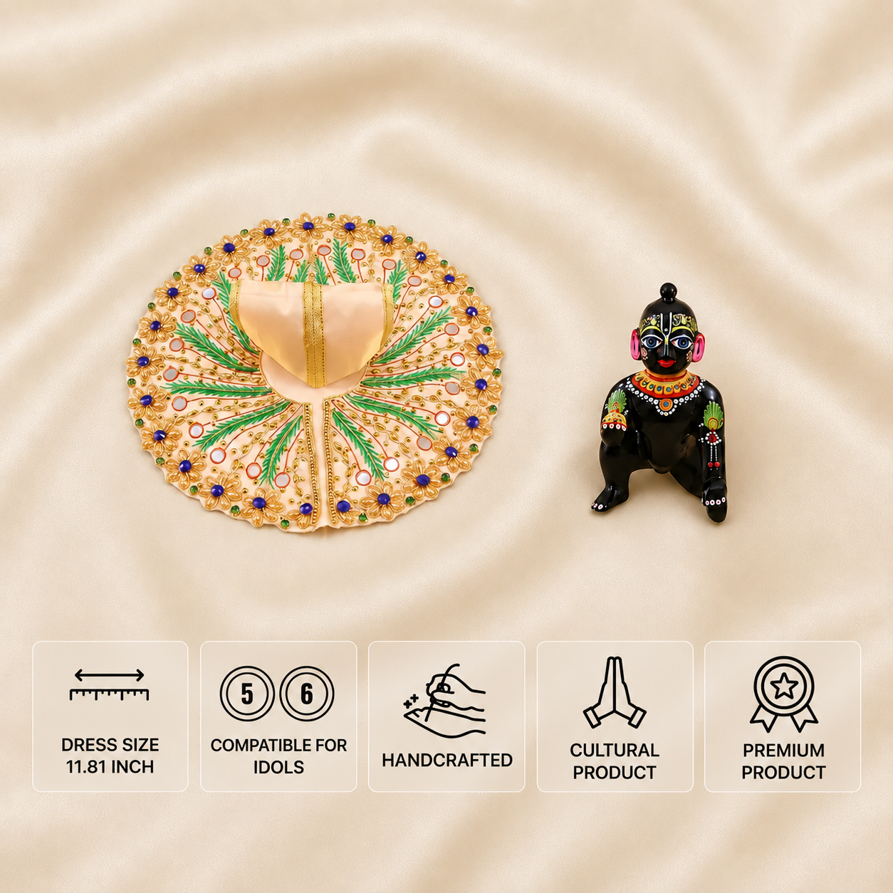 Cream handcrafted Laddu Gopal dress for 5 and 6 number idols with green leaf embroidery and golden floral detailing.